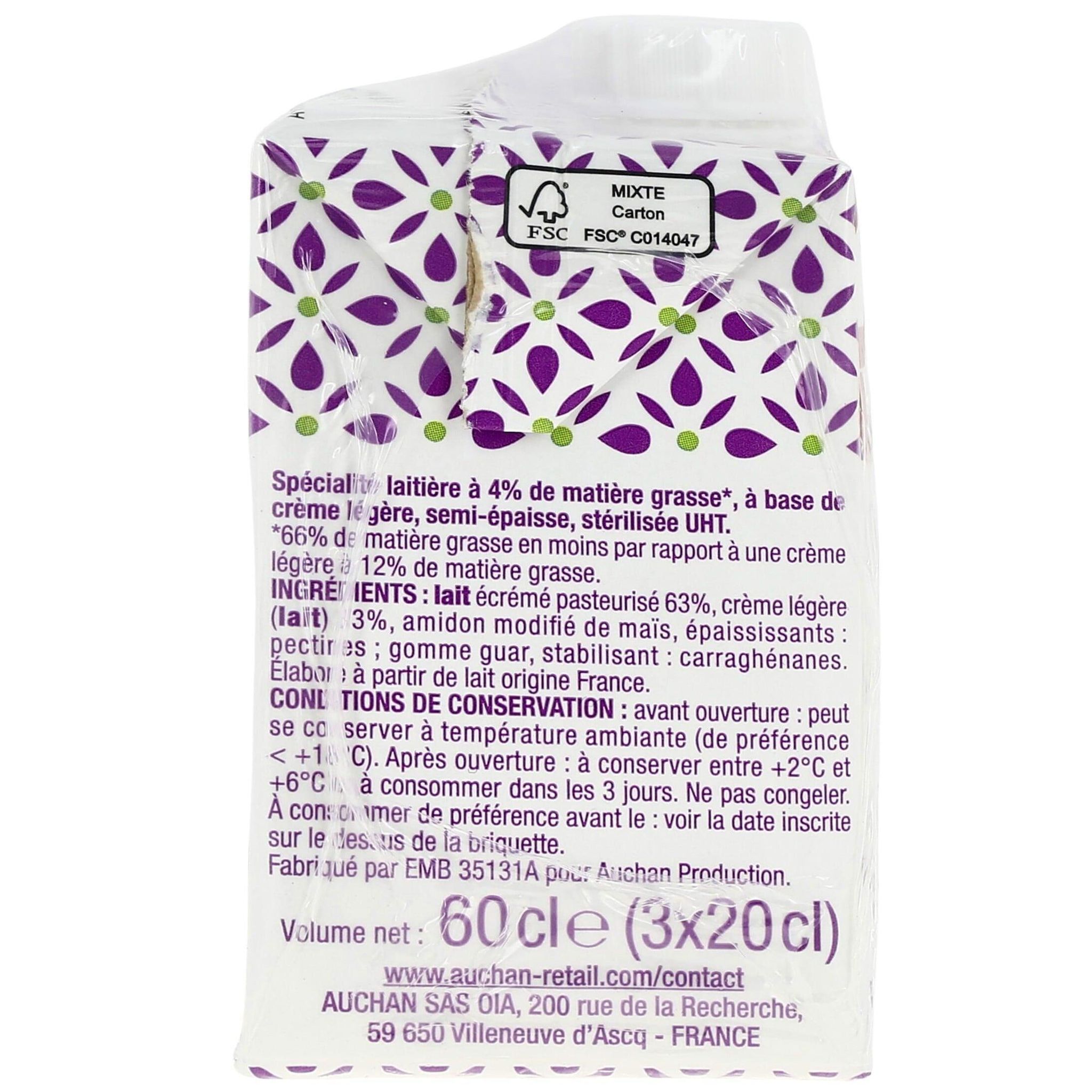 Voir la diapositive 2 : AUCHAN Spécialité laitière UHT semi-épaisse légère 4%MG 3x20cl