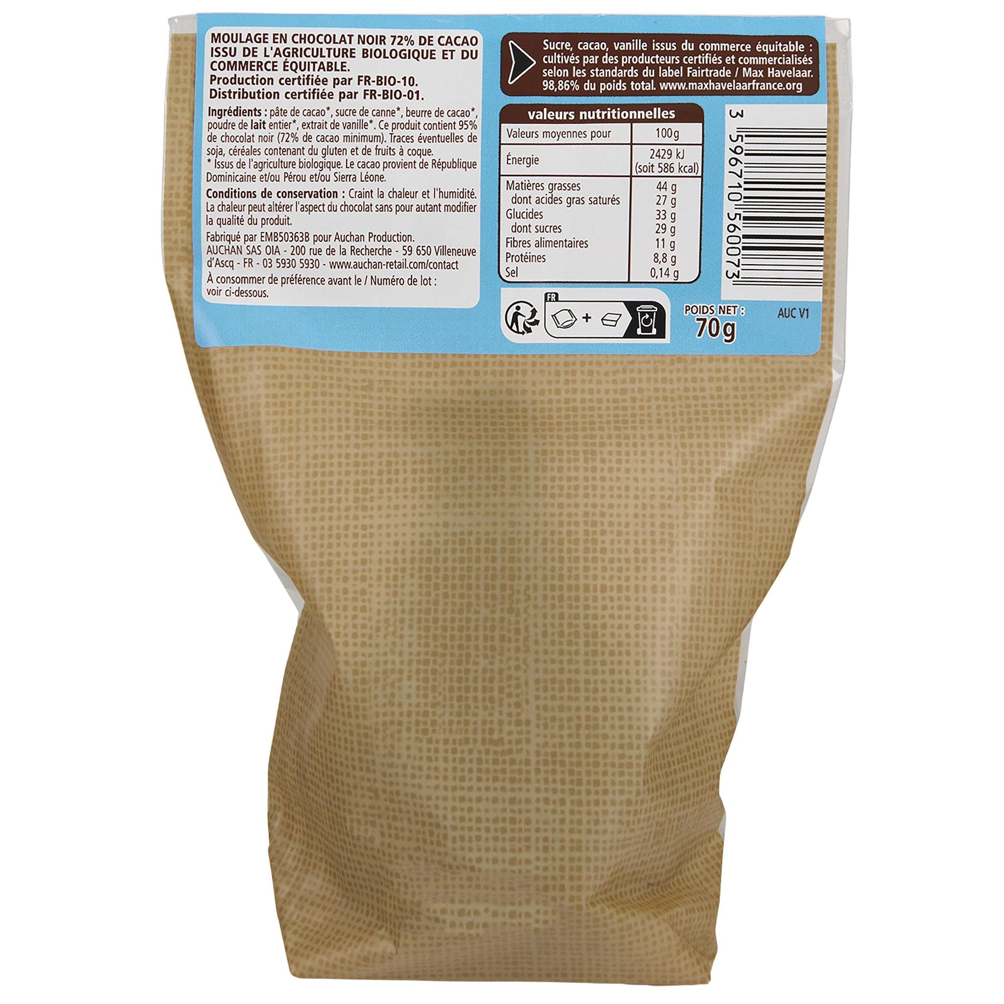 Voir la diapositive 2 : VENDOME Lapin de chocolat noir 72% cacao max havelaar 70g