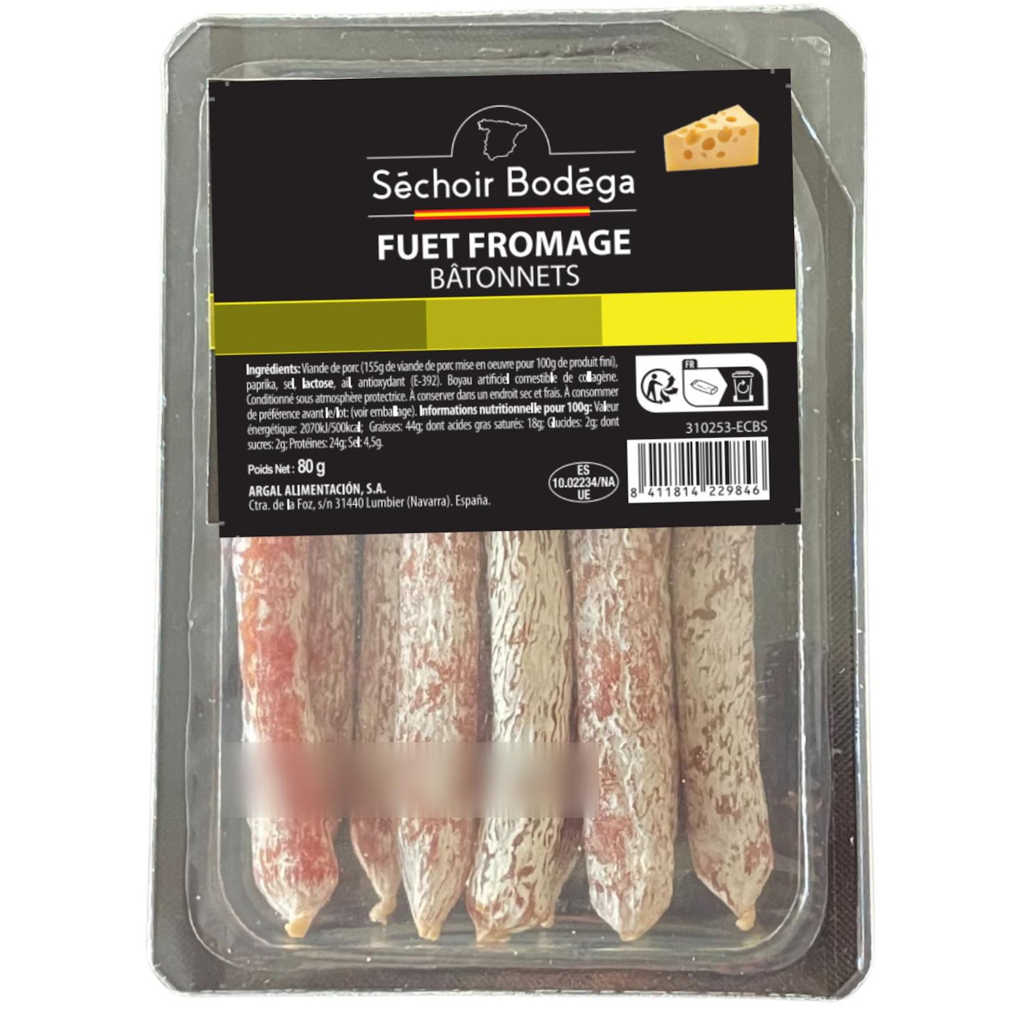SECHOIR BODEGA Bâtonnets Fuet snack fromage 80g