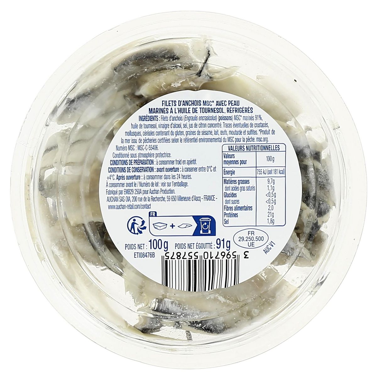 AUCHAN Filets d'anchois spécial tapas MSC 100g