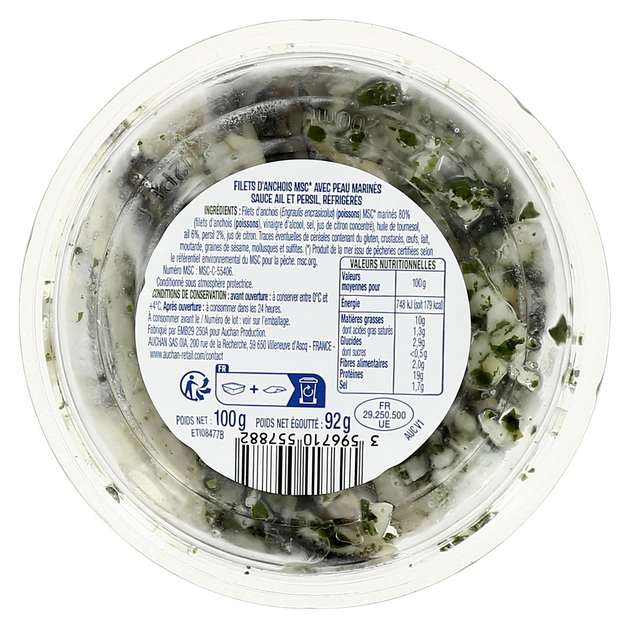 Voir la diapositive 2 : AUCHAN Filets d'anchois ail et persil spécial tapas MSC 100g