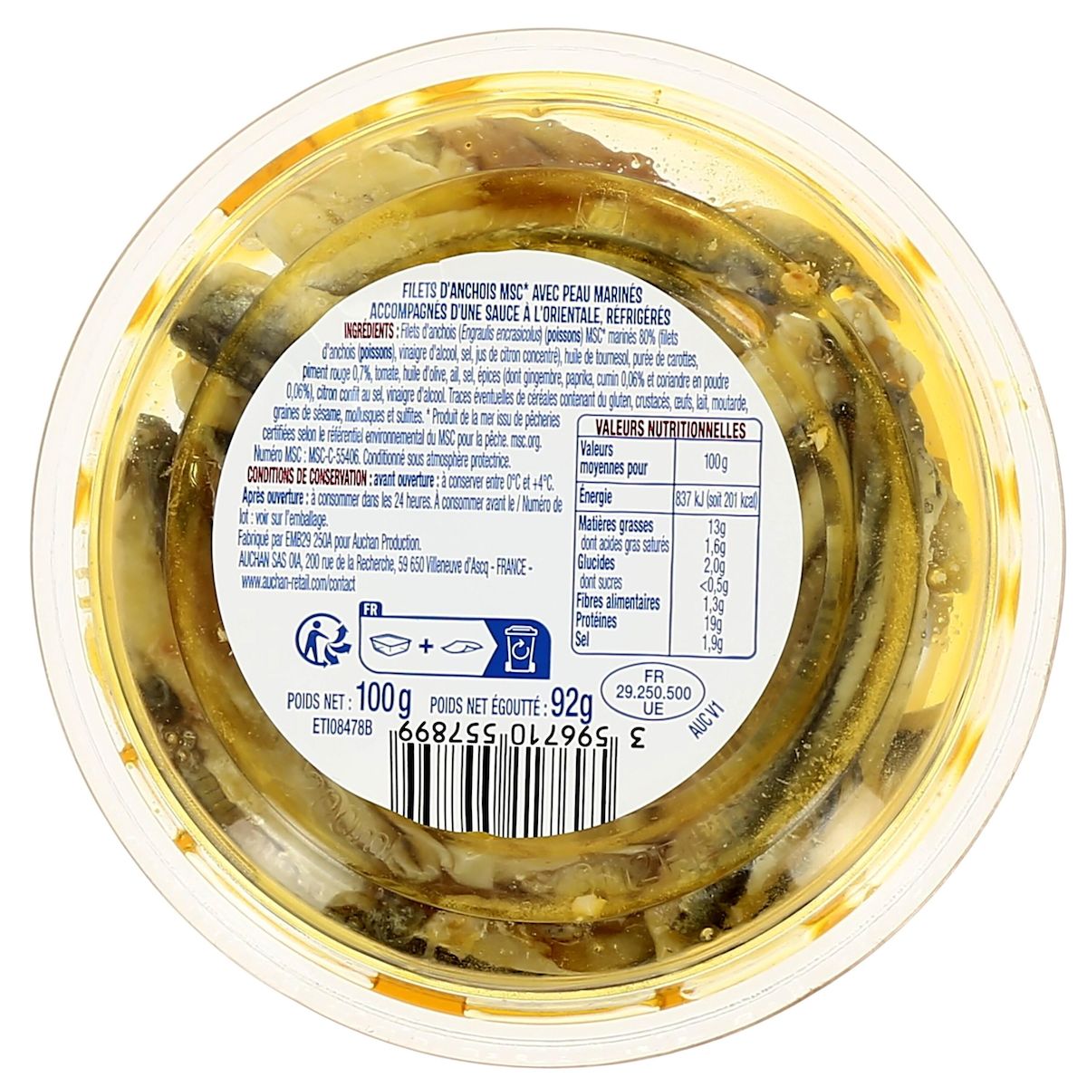 AUCHAN Filets d'anchois pimentés spécial tapas MSC 100g