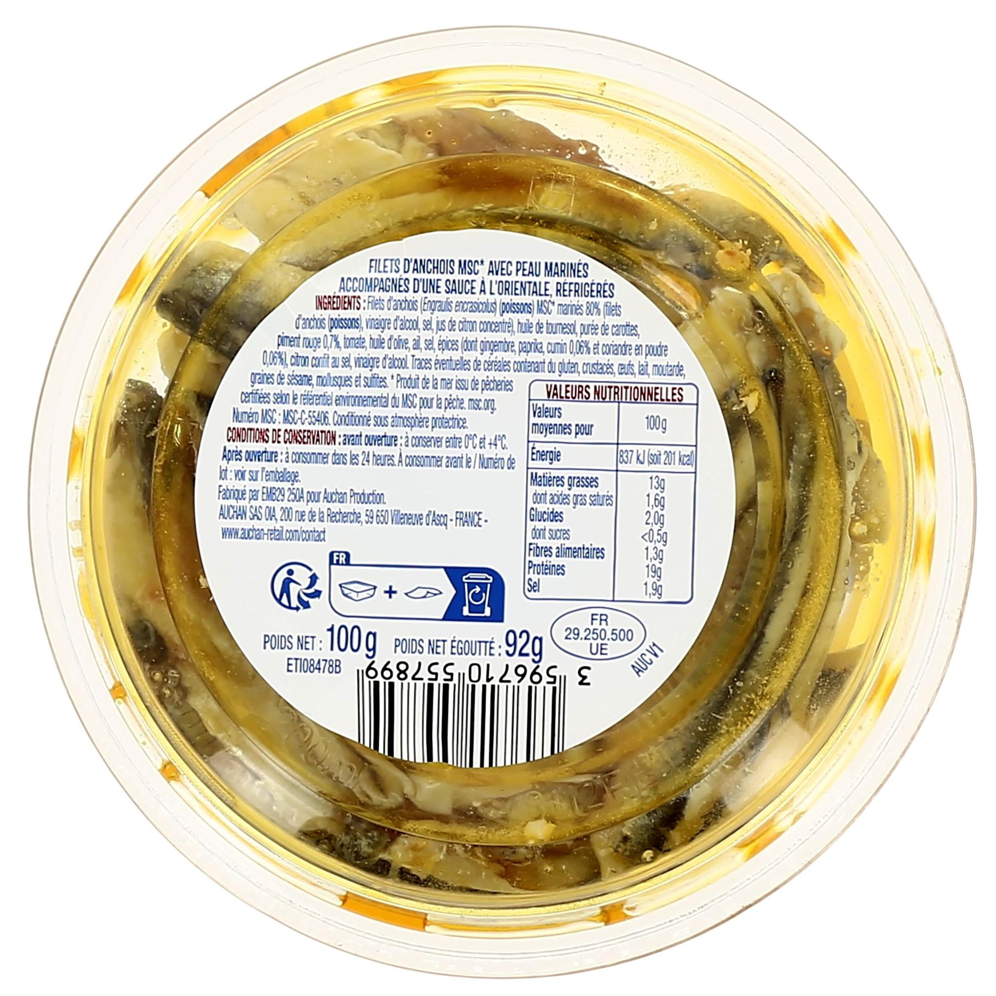 Voir la diapositive 2 : AUCHAN Filets d'anchois pimentés spécial tapas MSC 100g