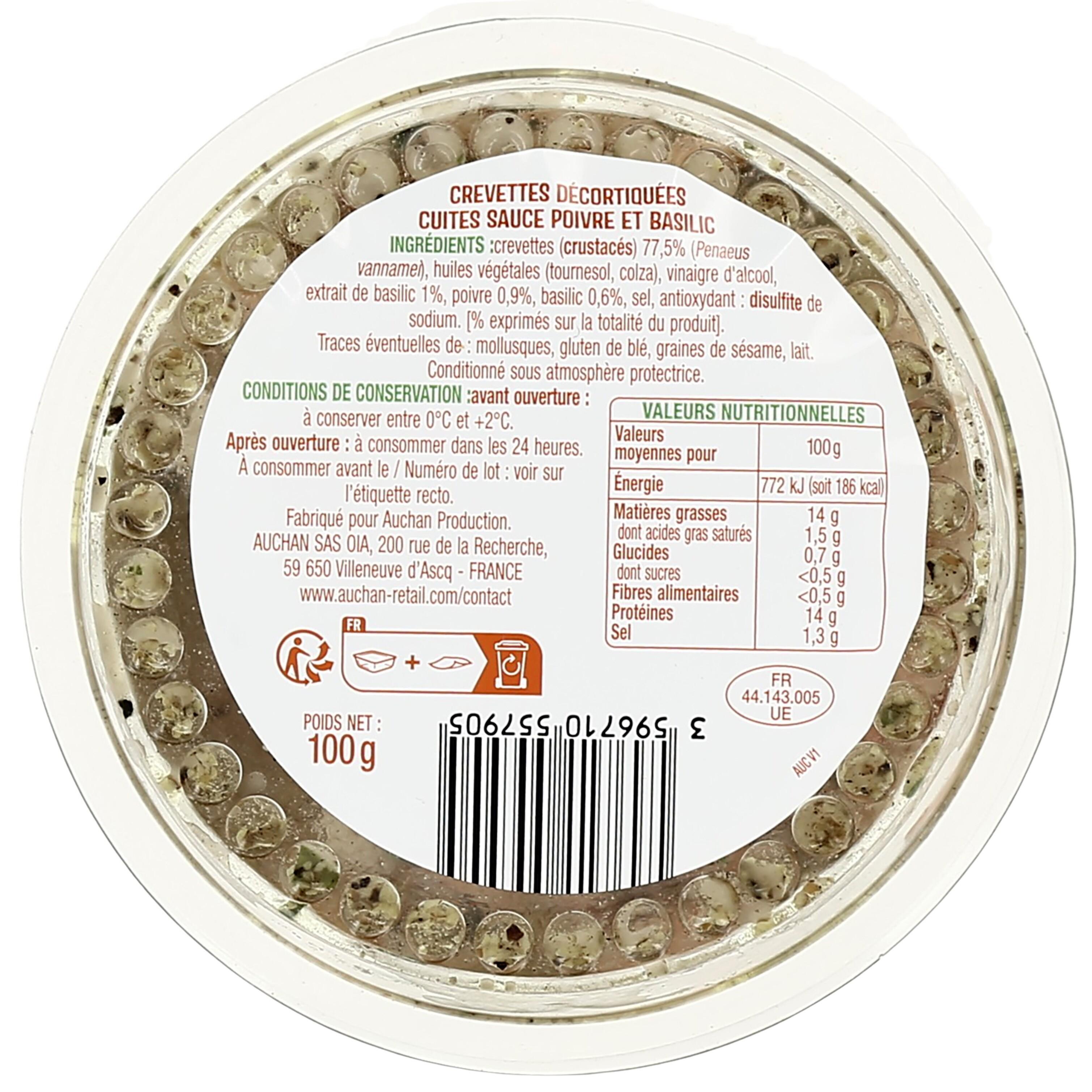 Voir la diapositive 2 : AUCHAN Crevettes poivre et basilic spécial tapas 100g