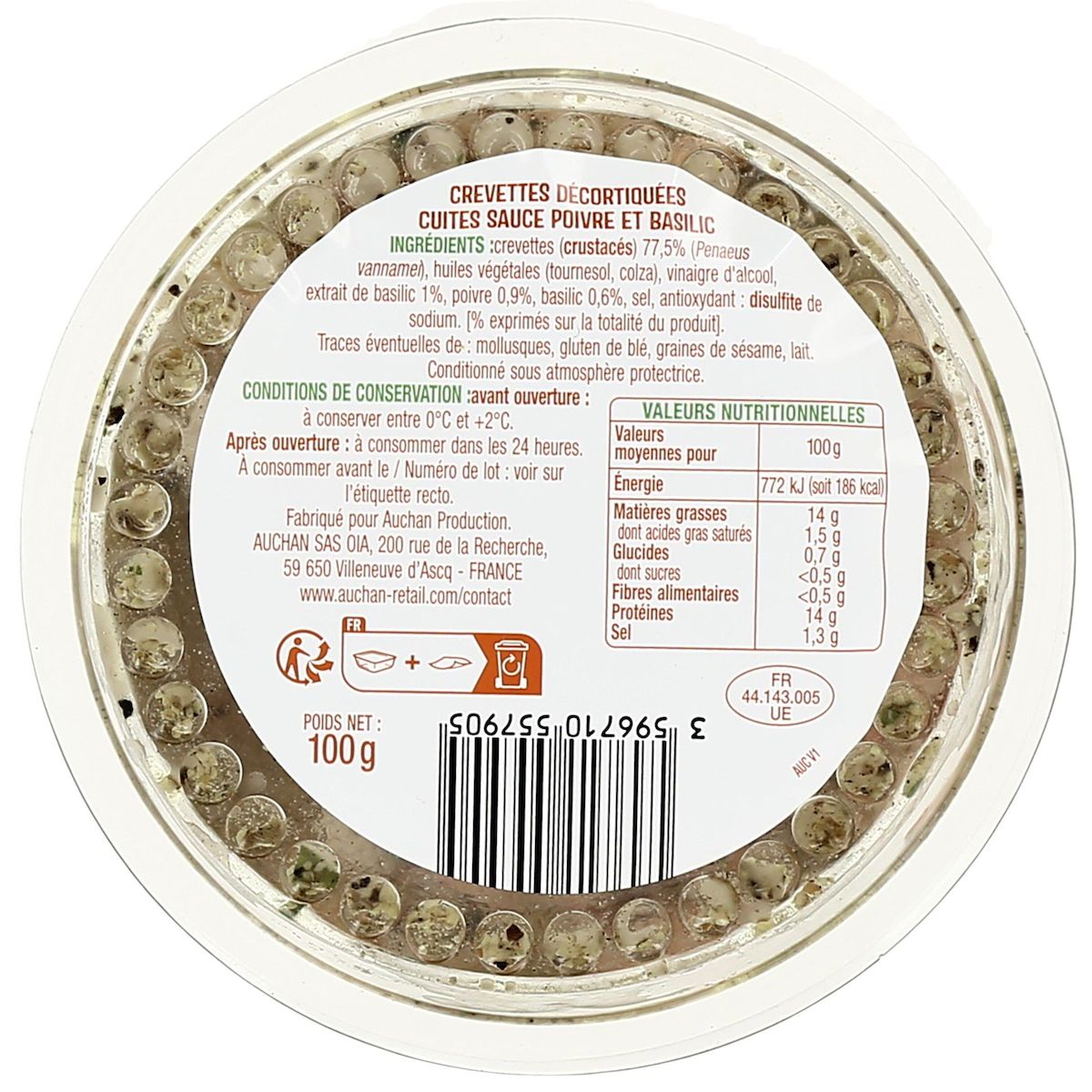 AUCHAN Crevettes poivre et basilic 100g