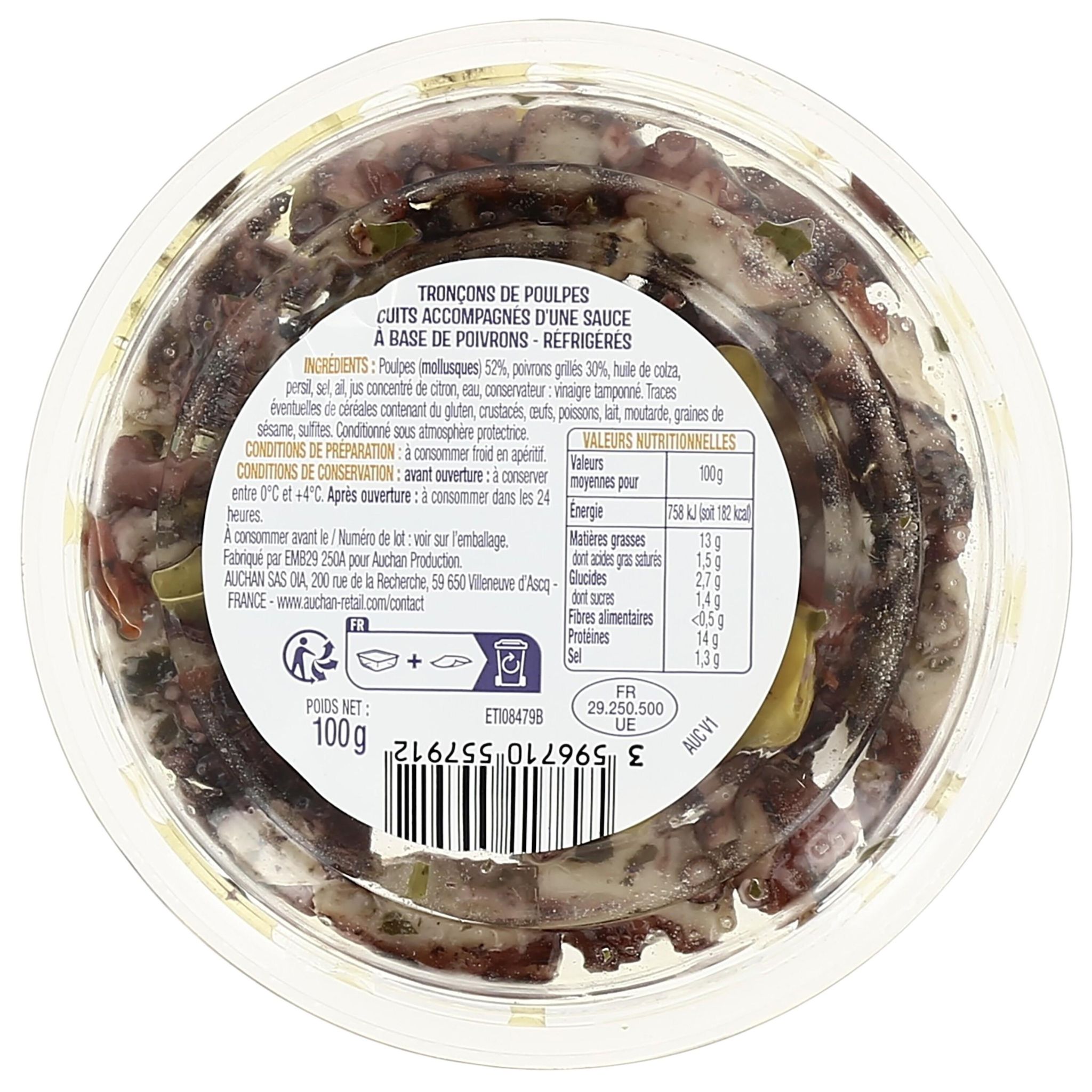 Voir la diapositive 2 : AUCHAN Poulpe à la catalane spécial tapas 100g