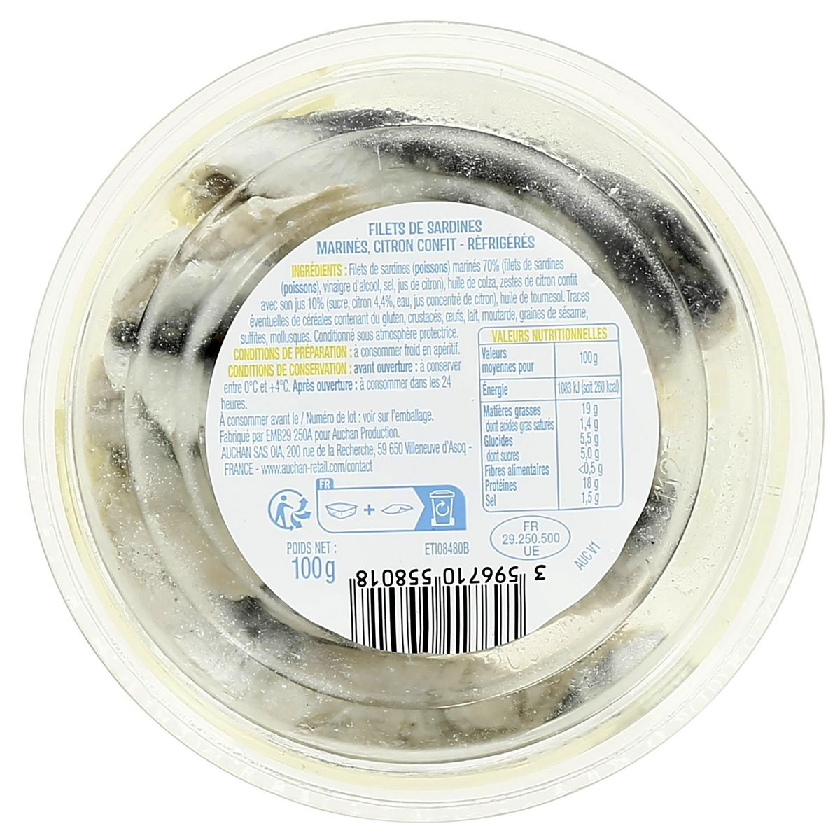 AUCHAN Sardines citron confit spécial tapas 100g
