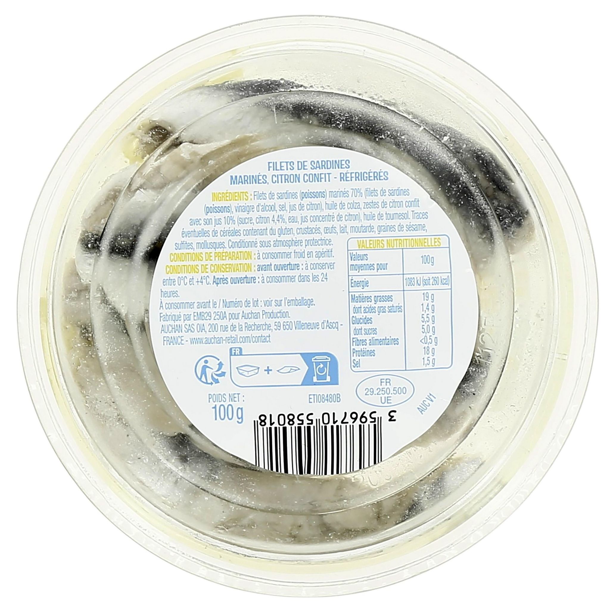 Voir la diapositive 2 : AUCHAN Sardines citron confit spécial tapas 100g
