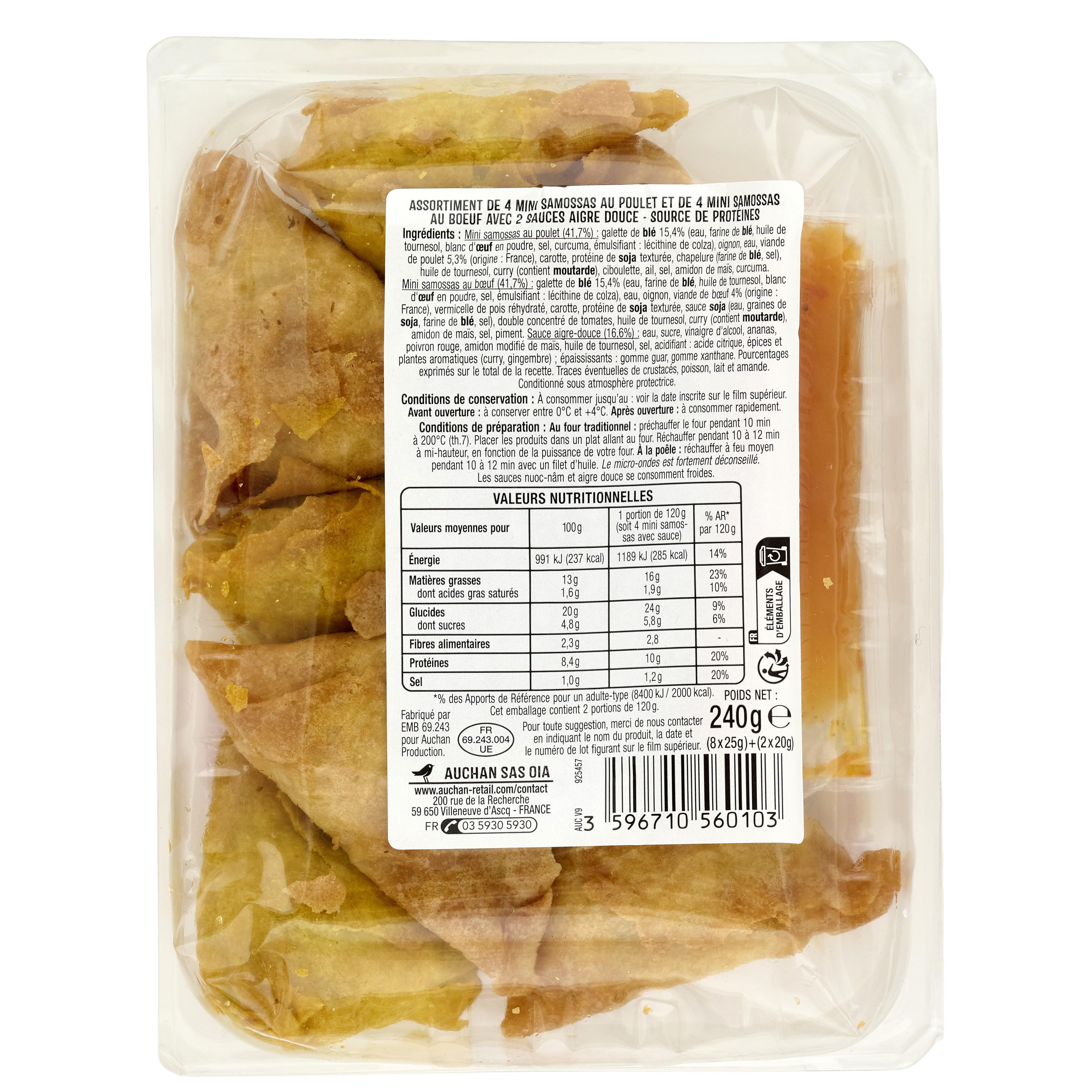 Voir la diapositive 2 : AUCHAN Mini samossas boeuf volaille avec 2 sauces aigre douce 8 pièces 240g