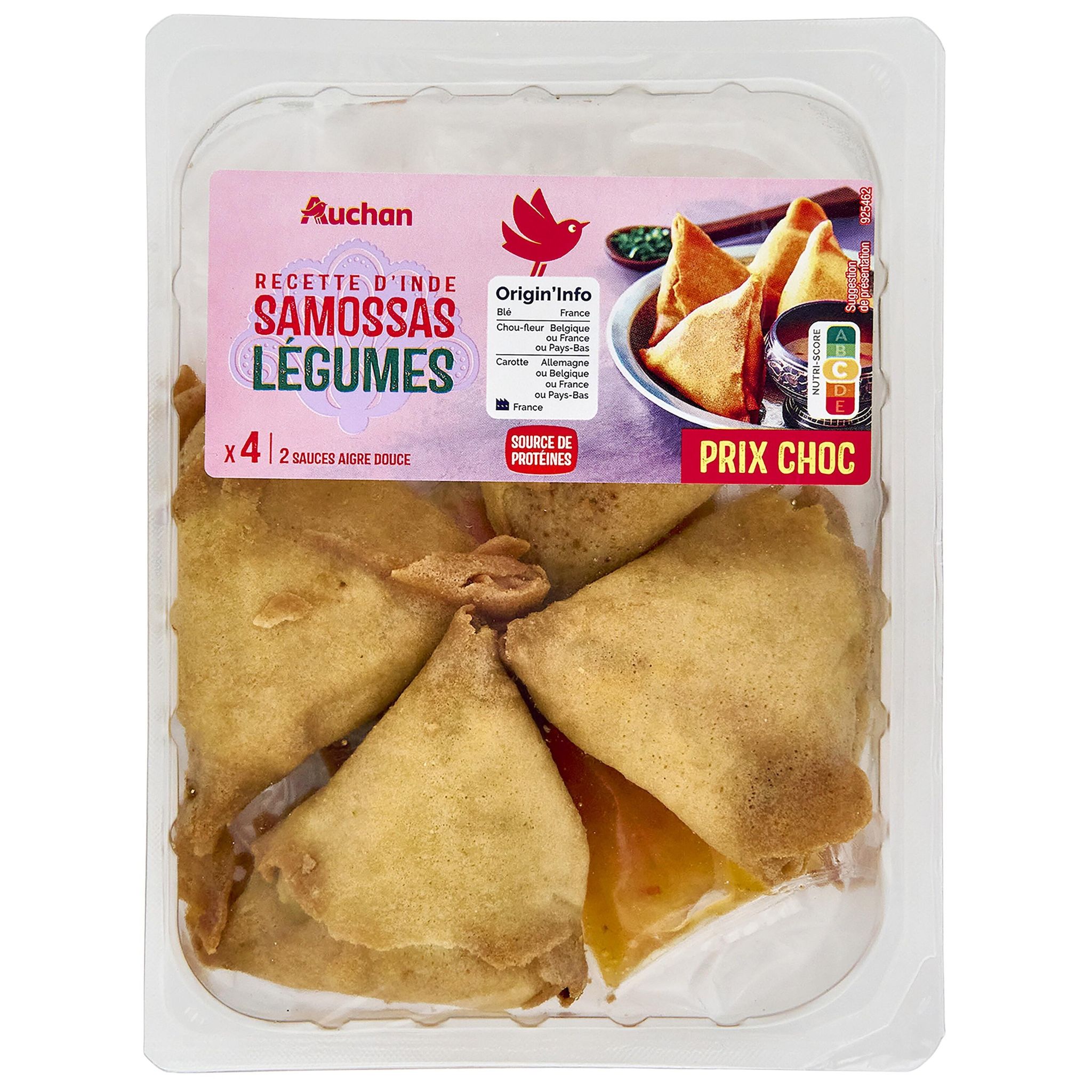 AUCHAN Samossas légumes avec 2 sauces aigre douce 4 pièces 220g