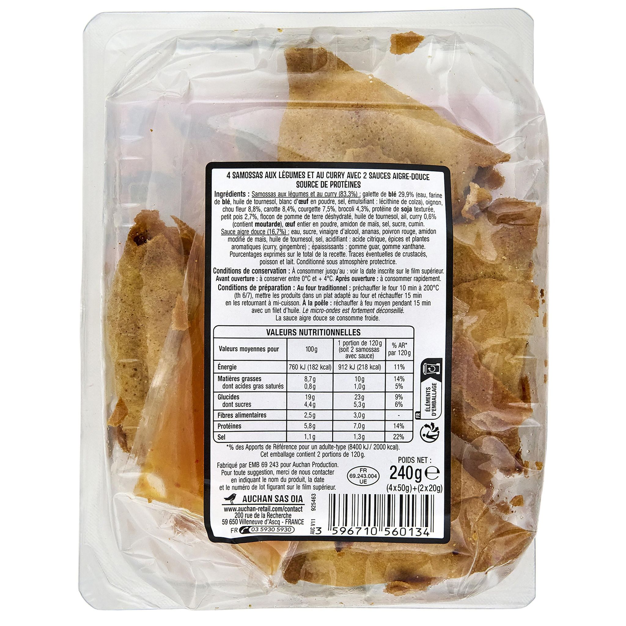 Voir la diapositive 2 : AUCHAN Samossas légumes avec 2 sauces aigre douce 4 pièces 220g