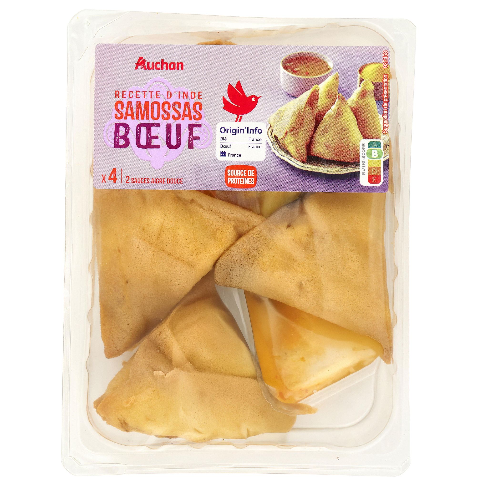 AUCHAN Samossas au boeuf avec 2 sauces aigre douce 4 pièces 220g