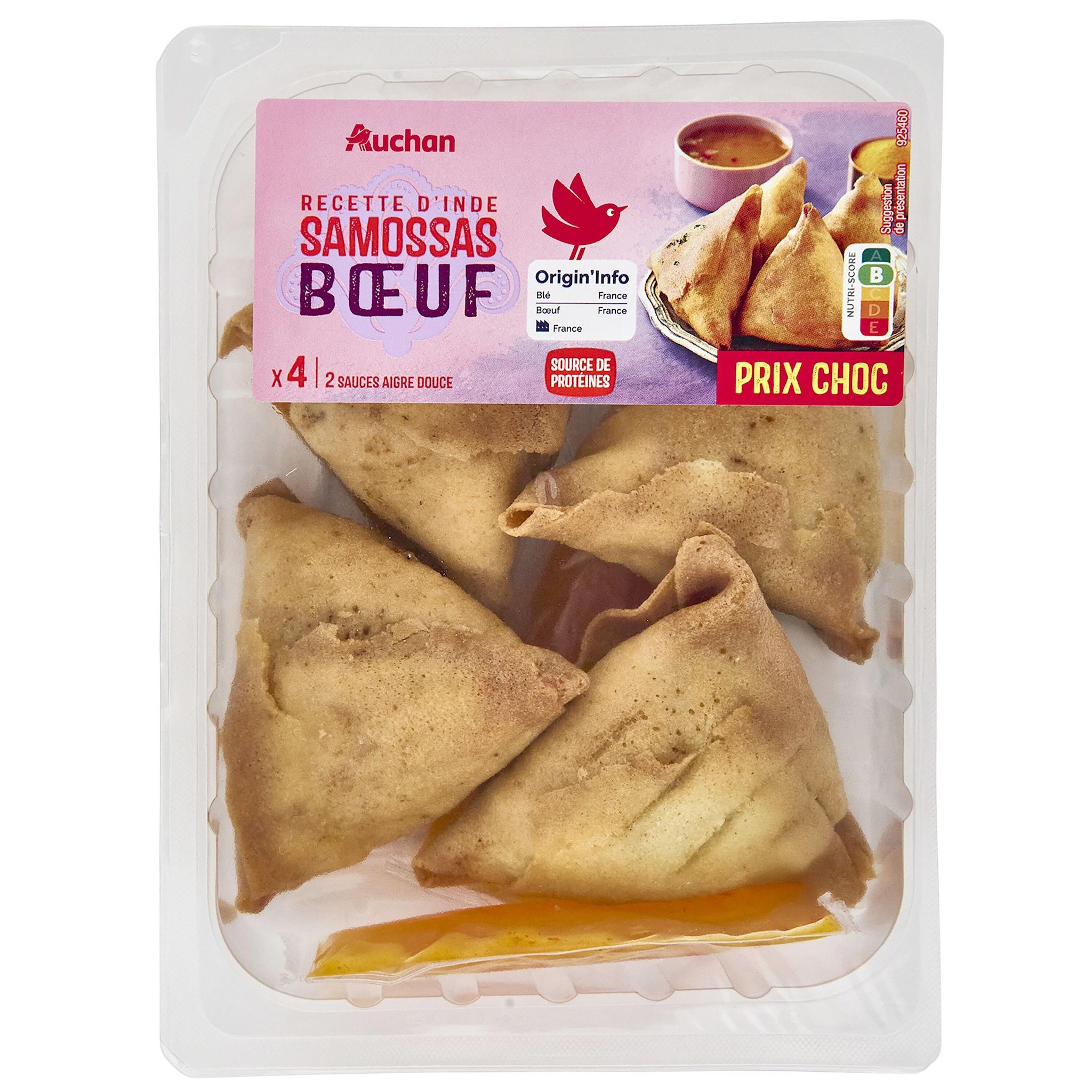 AUCHAN Samossas boeuf avec 2 sauces aigre douce 4 pièces 220g