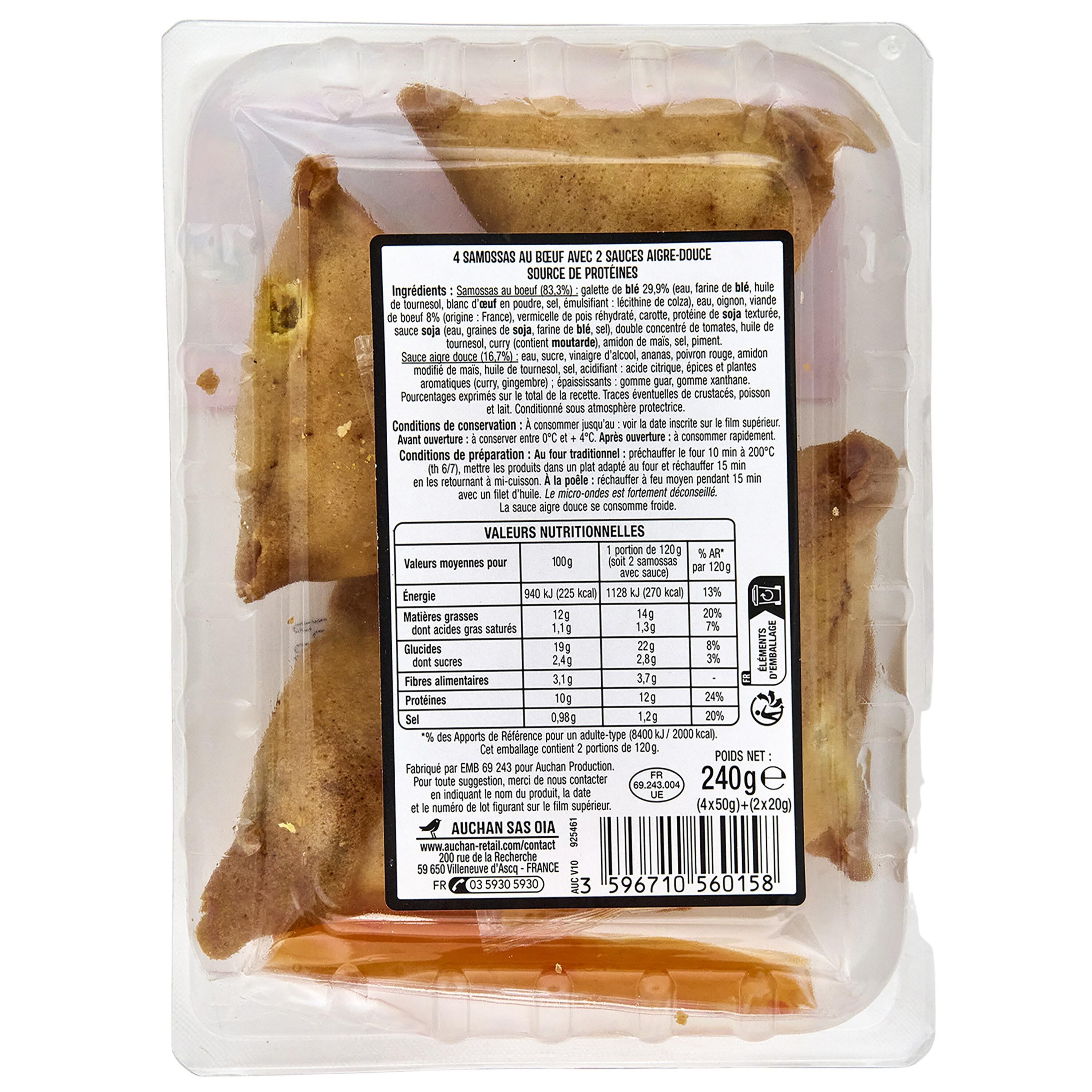 Voir la diapositive 2 : AUCHAN Samossas boeuf avec 2 sauces aigre douce 4 pièces 220g