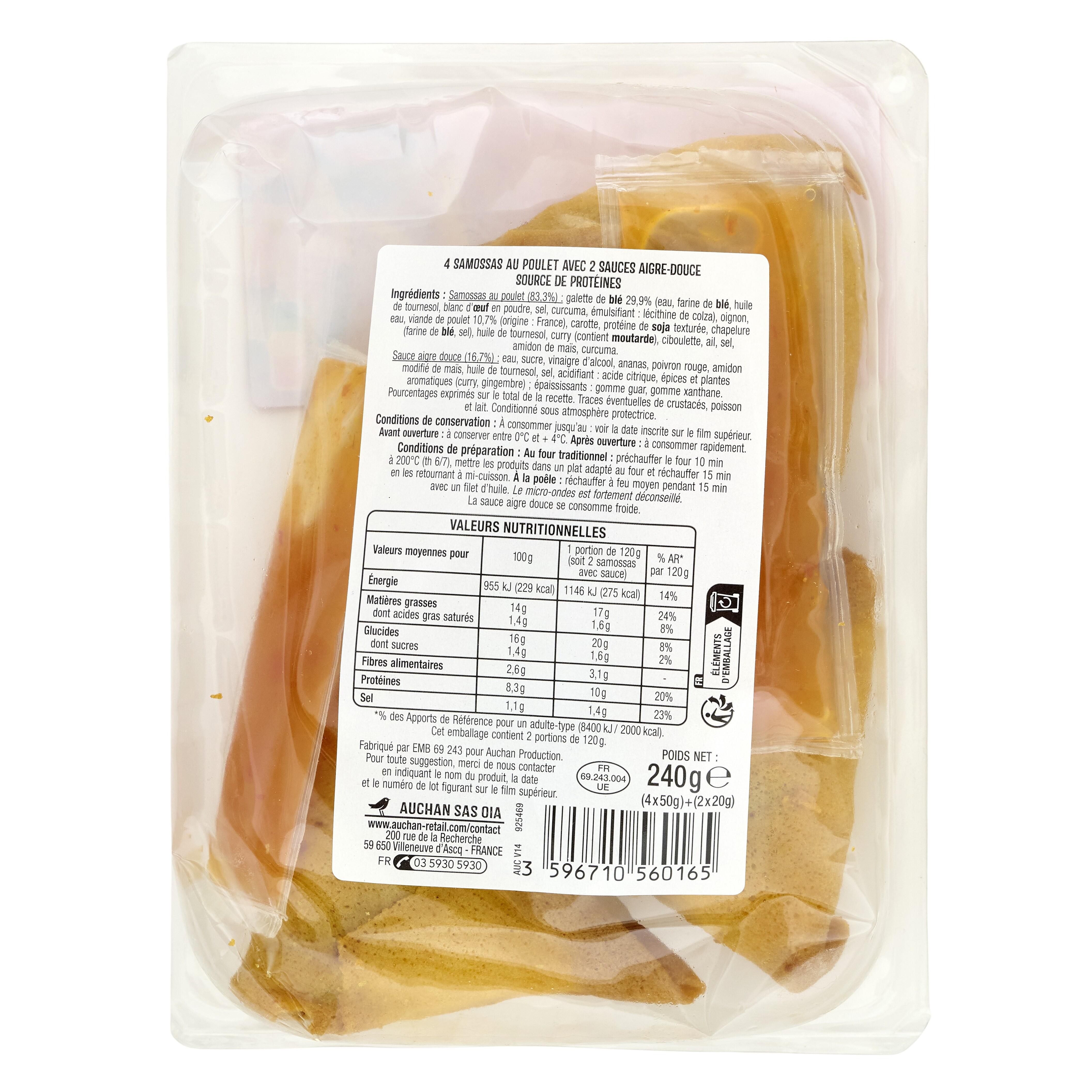Voir la diapositive 2 : AUCHAN Samossas volaille avec 2 sauces nuoc mâm 4 pièces 220g