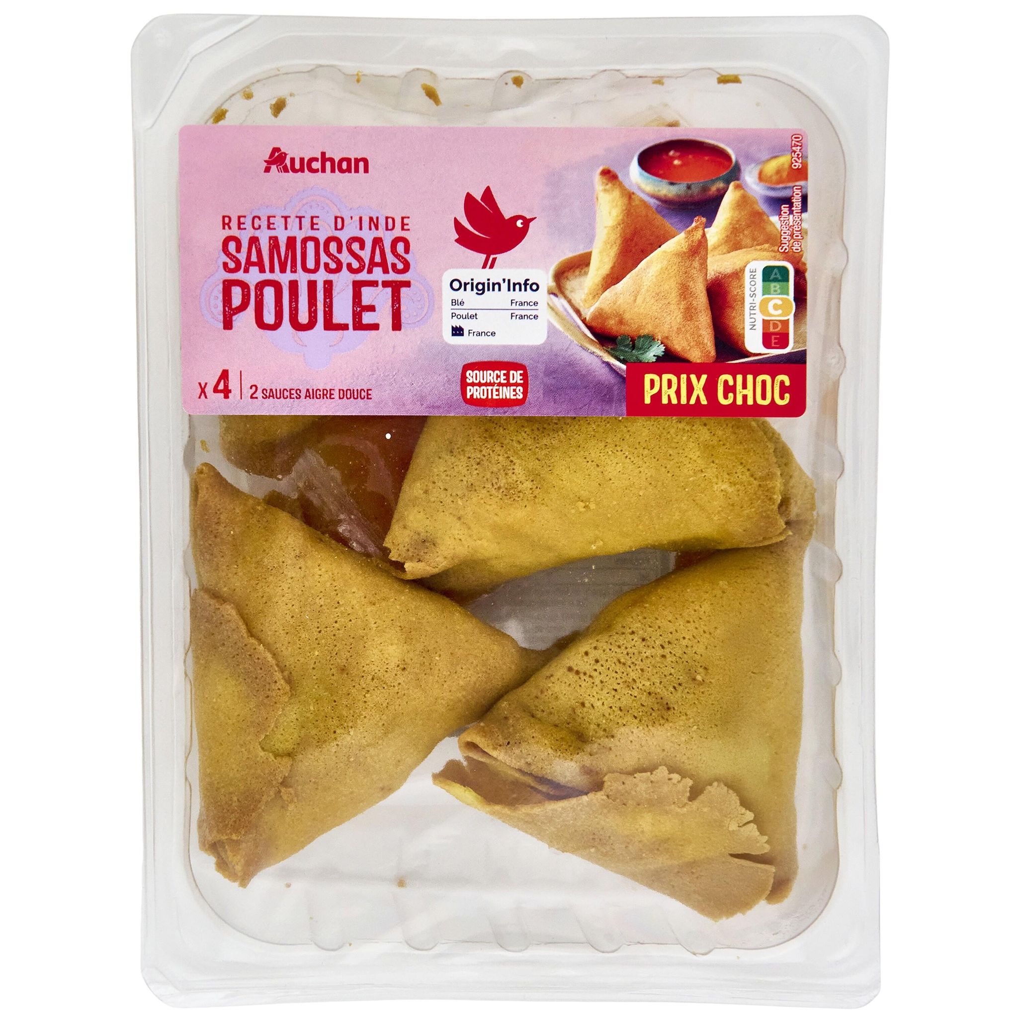 AUCHAN Samossas volaille avec 2 sauces aigre douce 4 pièces 220g