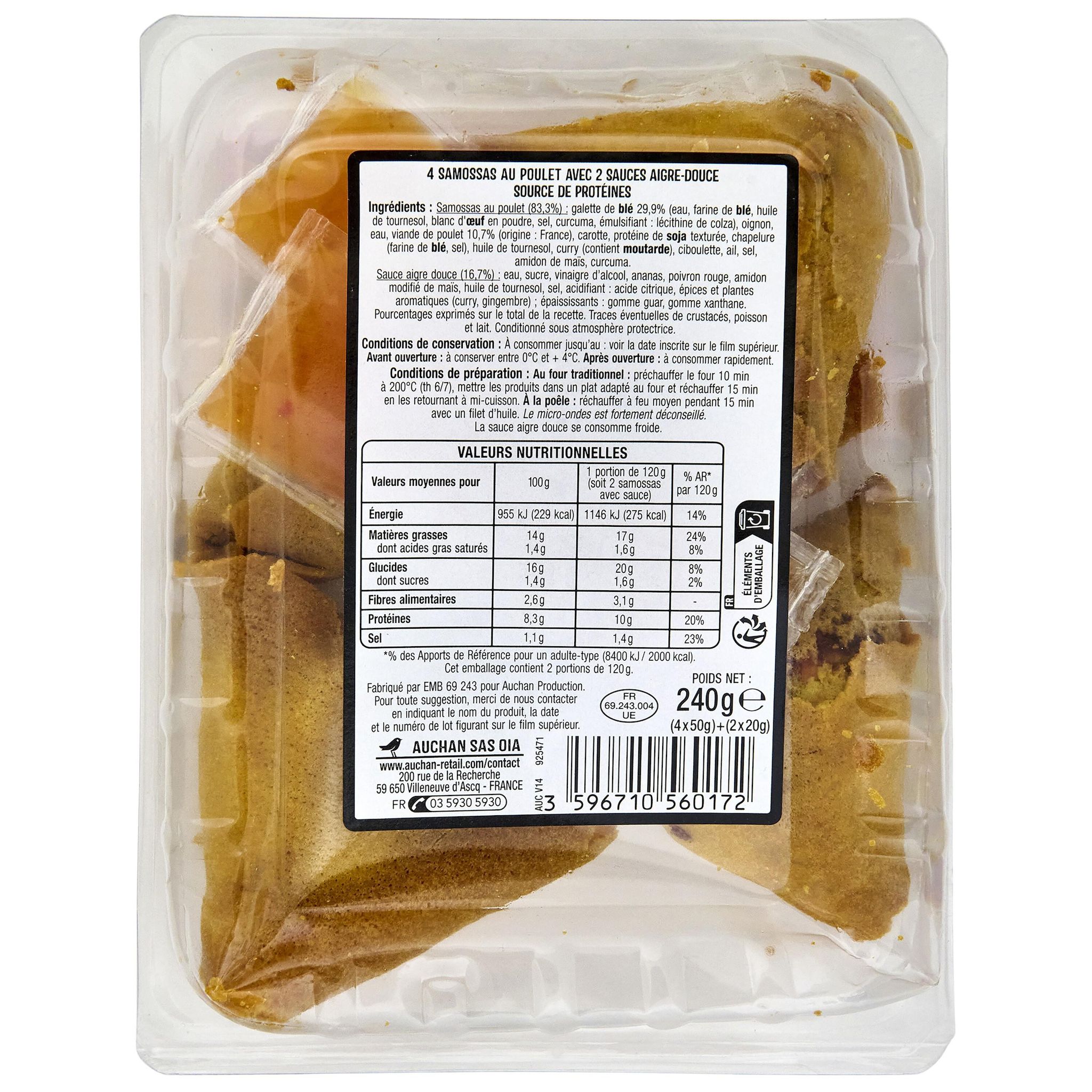Voir la diapositive 2 : AUCHAN Samossas volaille avec 2 sauces aigre douce 4 pièces 220g