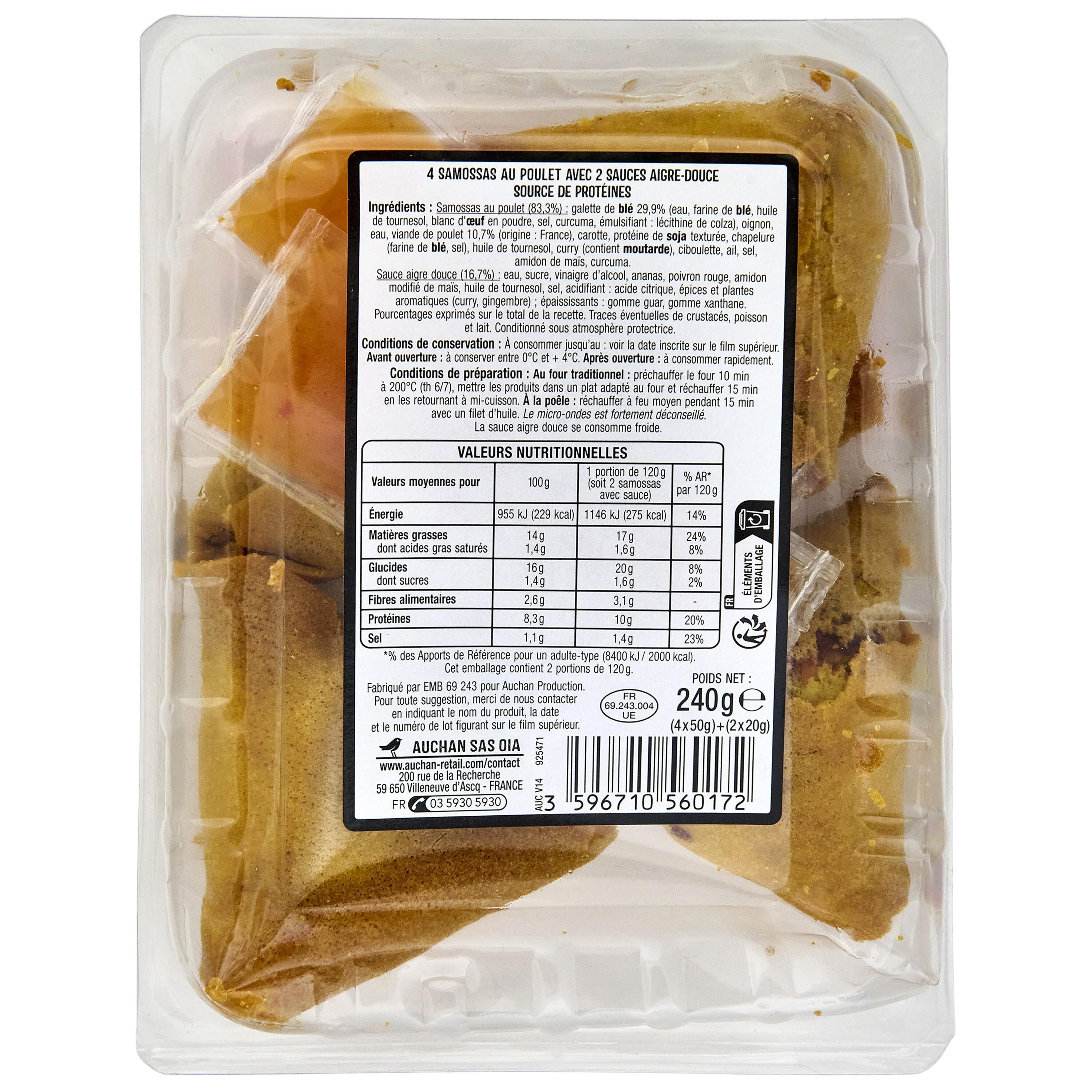 Voir la diapositive 3 : AUCHAN Samossas volaille avec 2 sauces aigre douce 4 pièces 220g