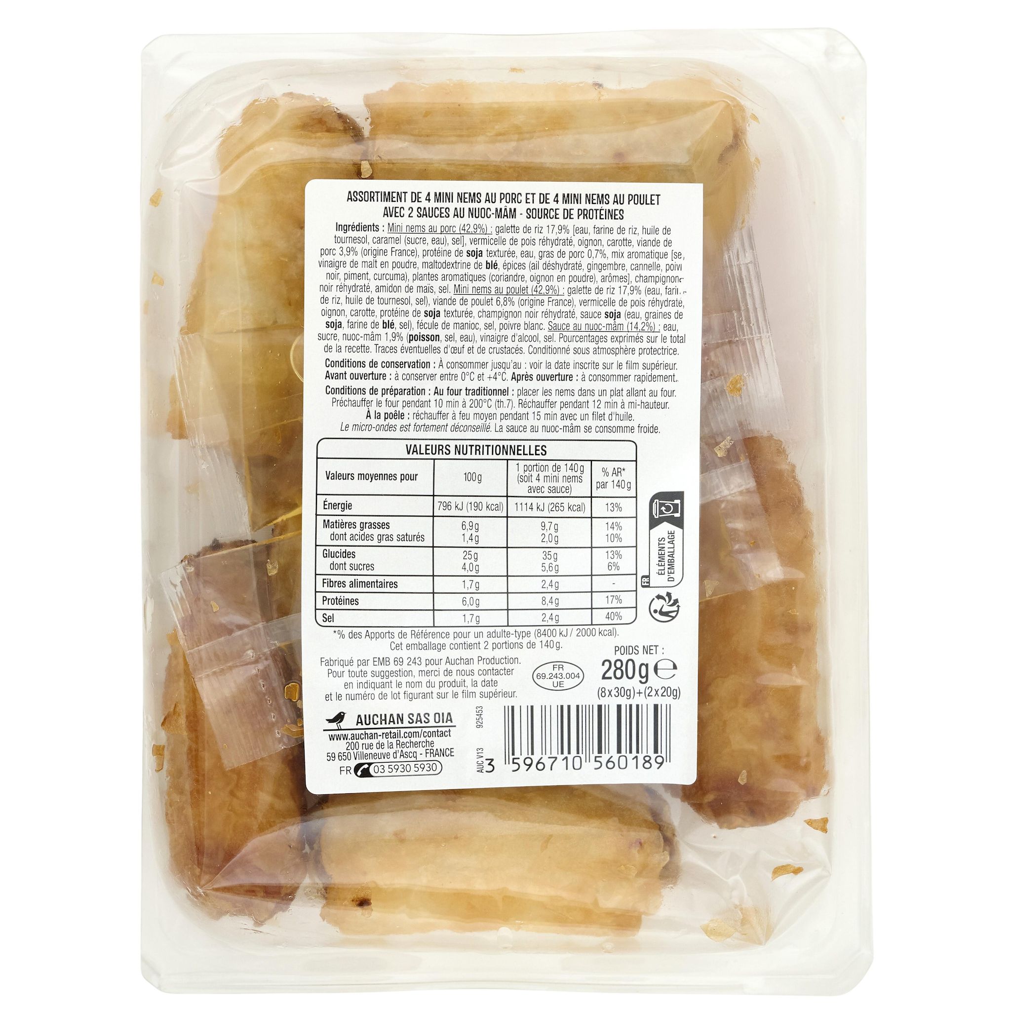 Voir la diapositive 2 : AUCHAN Assortiment mini nems de porc et volaille 8 pièces 260g