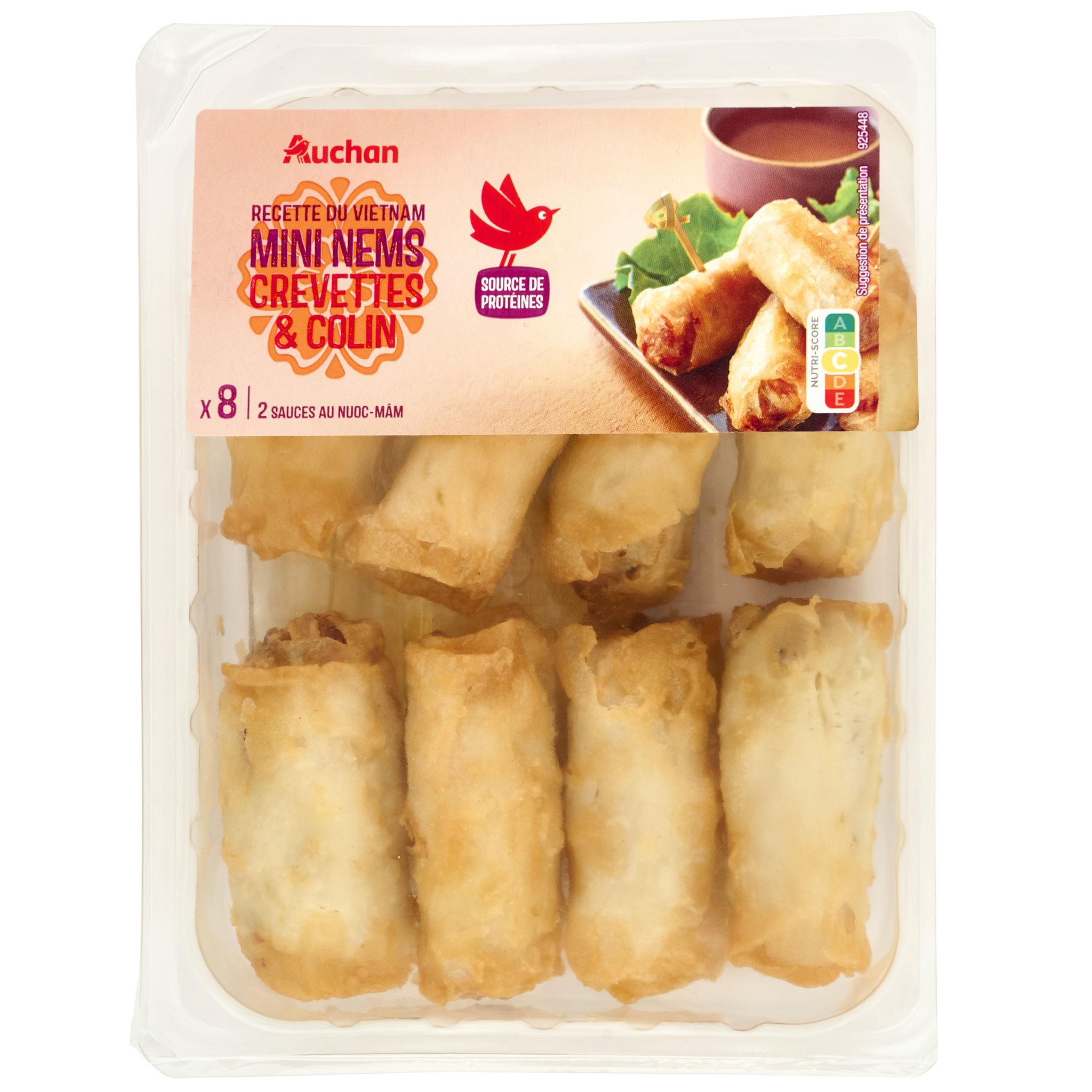 AUCHAN Mini nems crevettes et colin avec 2 sauces nuoc mâm 8 pièces 260g