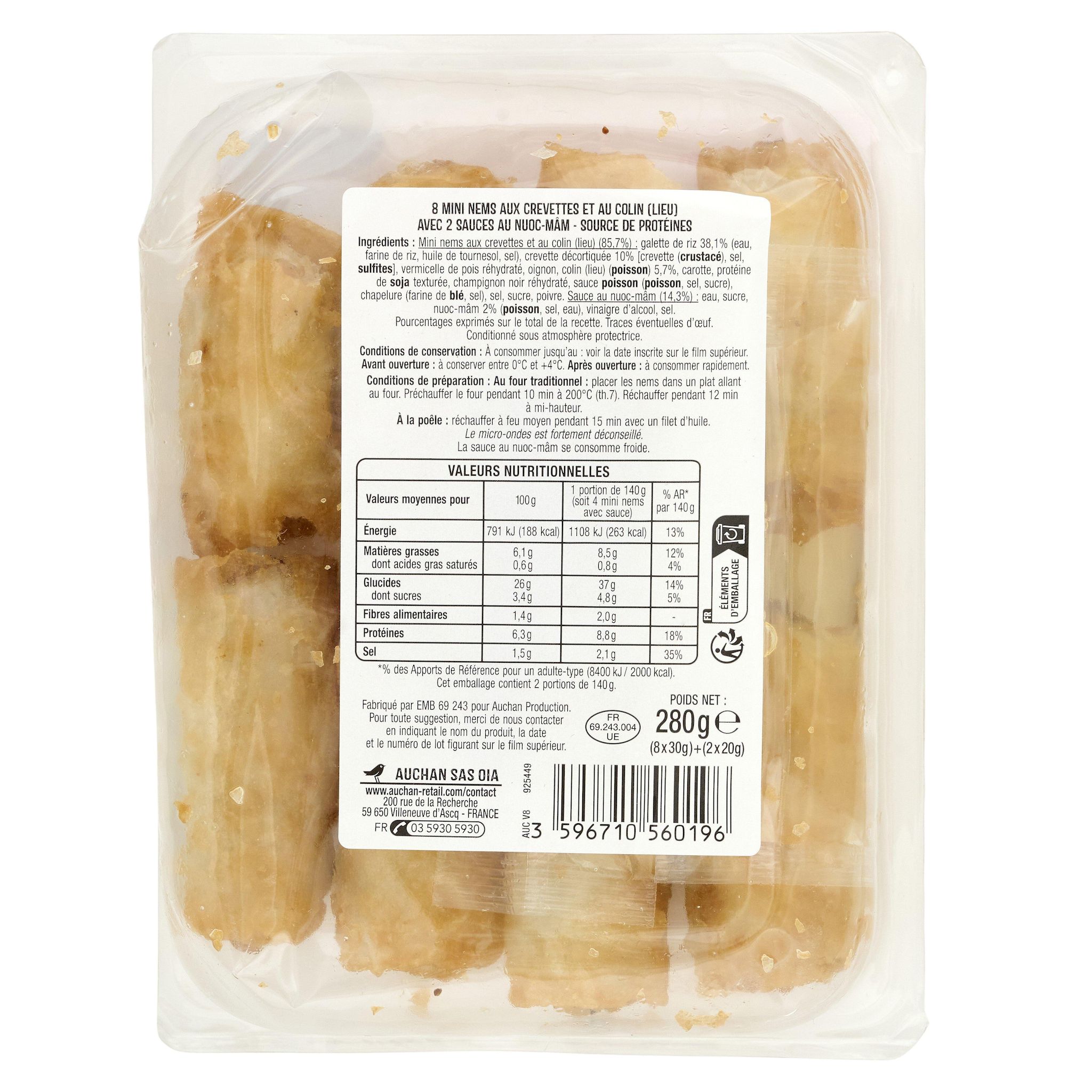 Voir la diapositive 2 : AUCHAN Mini nems crevettes et colin avec 2 sauces nuoc mâm 8 pièces 260g