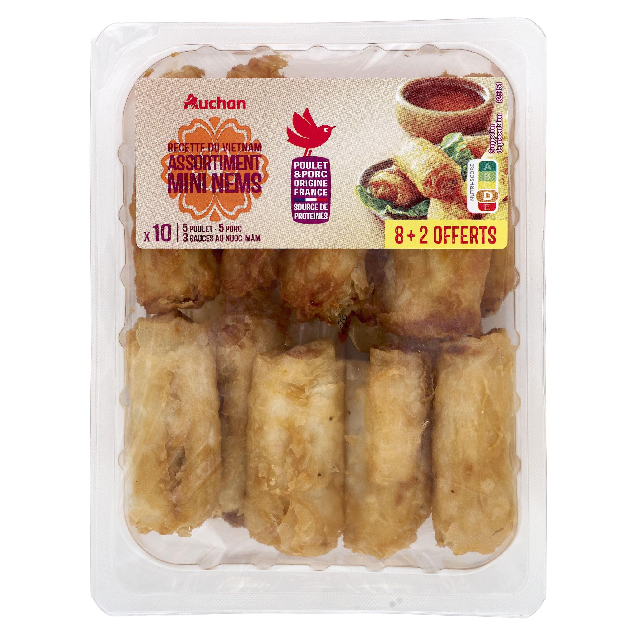 AUCHAN Mini nems porc et volaille avec 3 sauces au nuoc-mâm 8 pièces + 2 offerts 340g