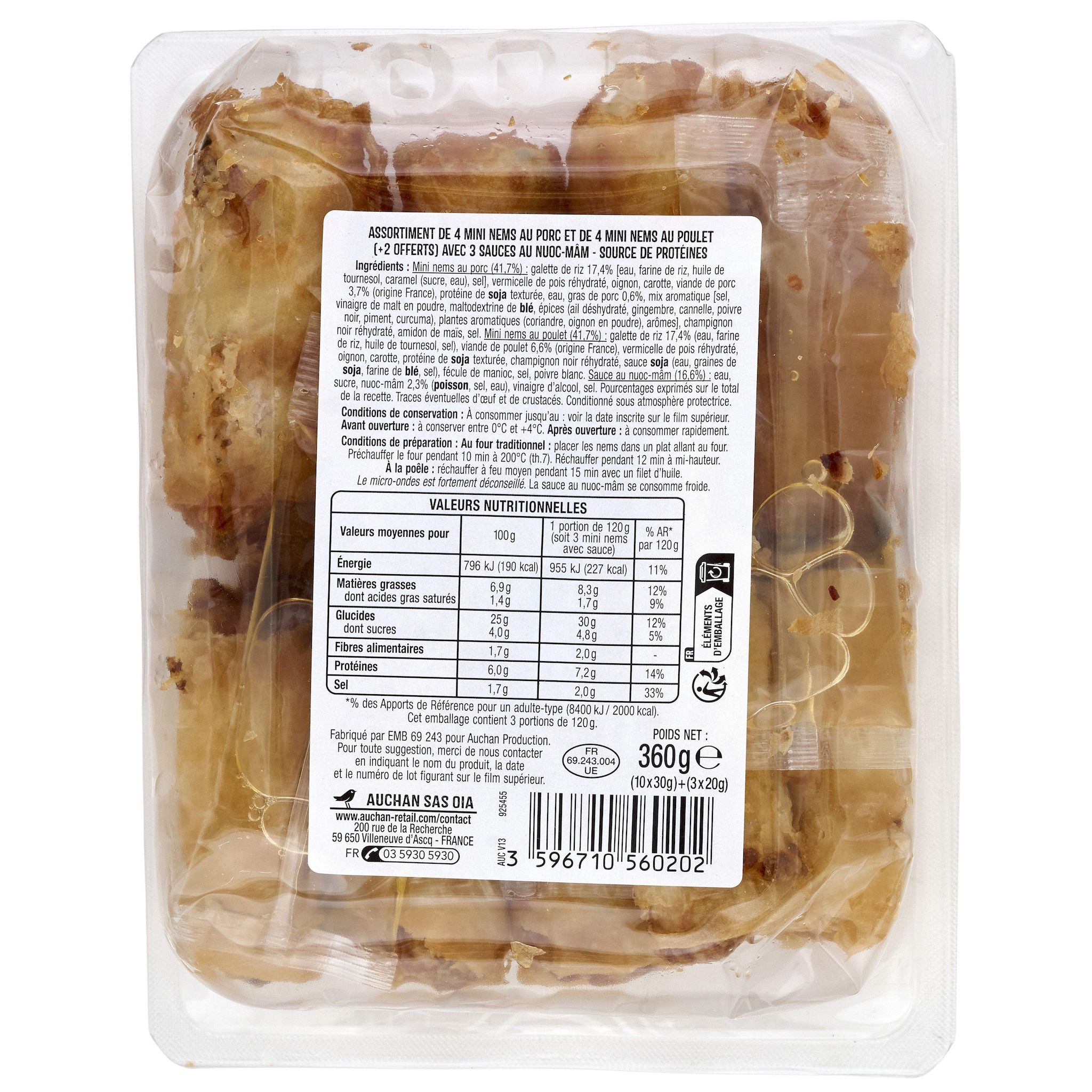 Voir la diapositive 2 : AUCHAN Mini nems porc et volaille avec 3 sauces au nuoc-mâm 8 pièces + 2 offerts 340g