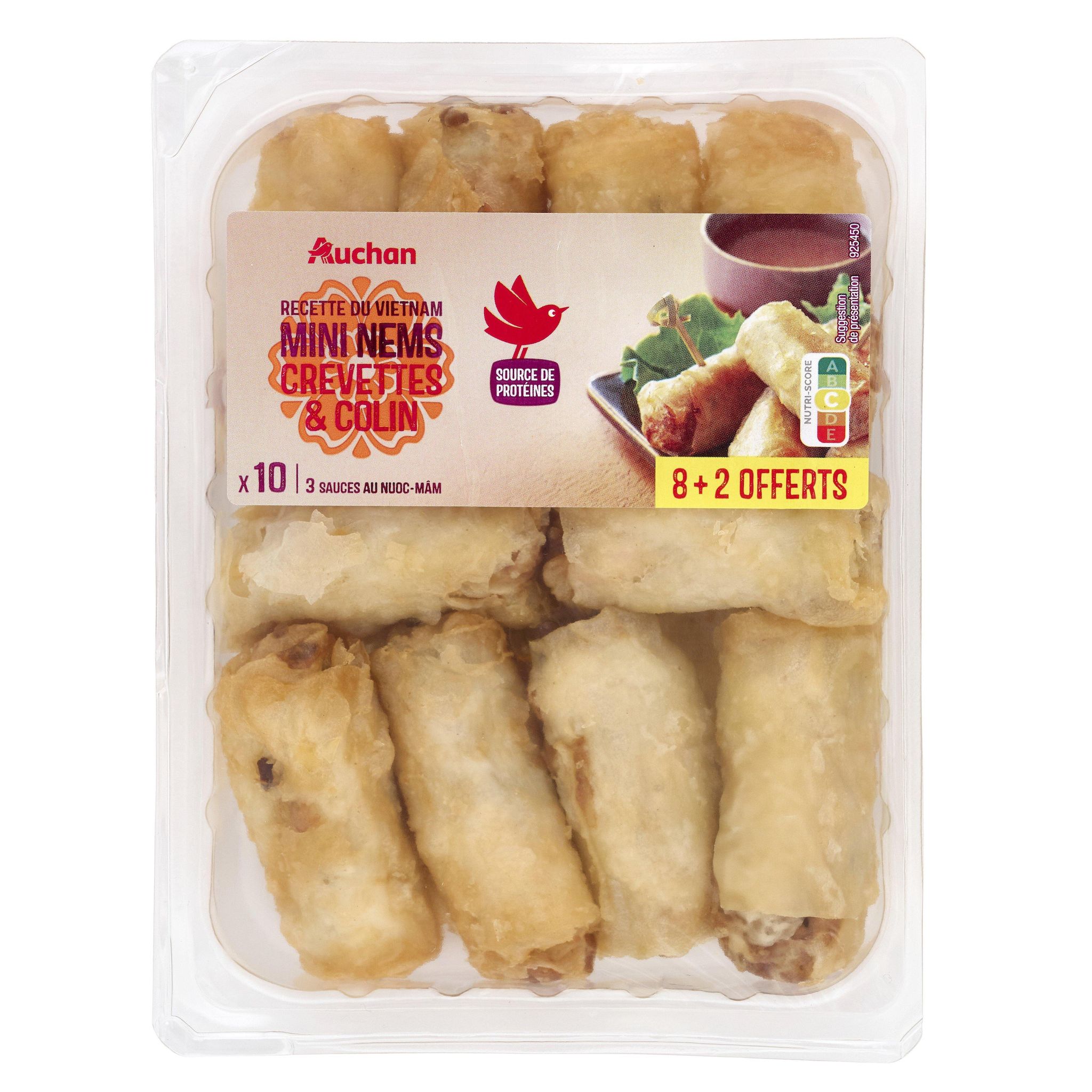 AUCHAN Mini nems crevettes et colin avec 3 sauces nuoc mâm 8 pièces + 2 offerts 340g