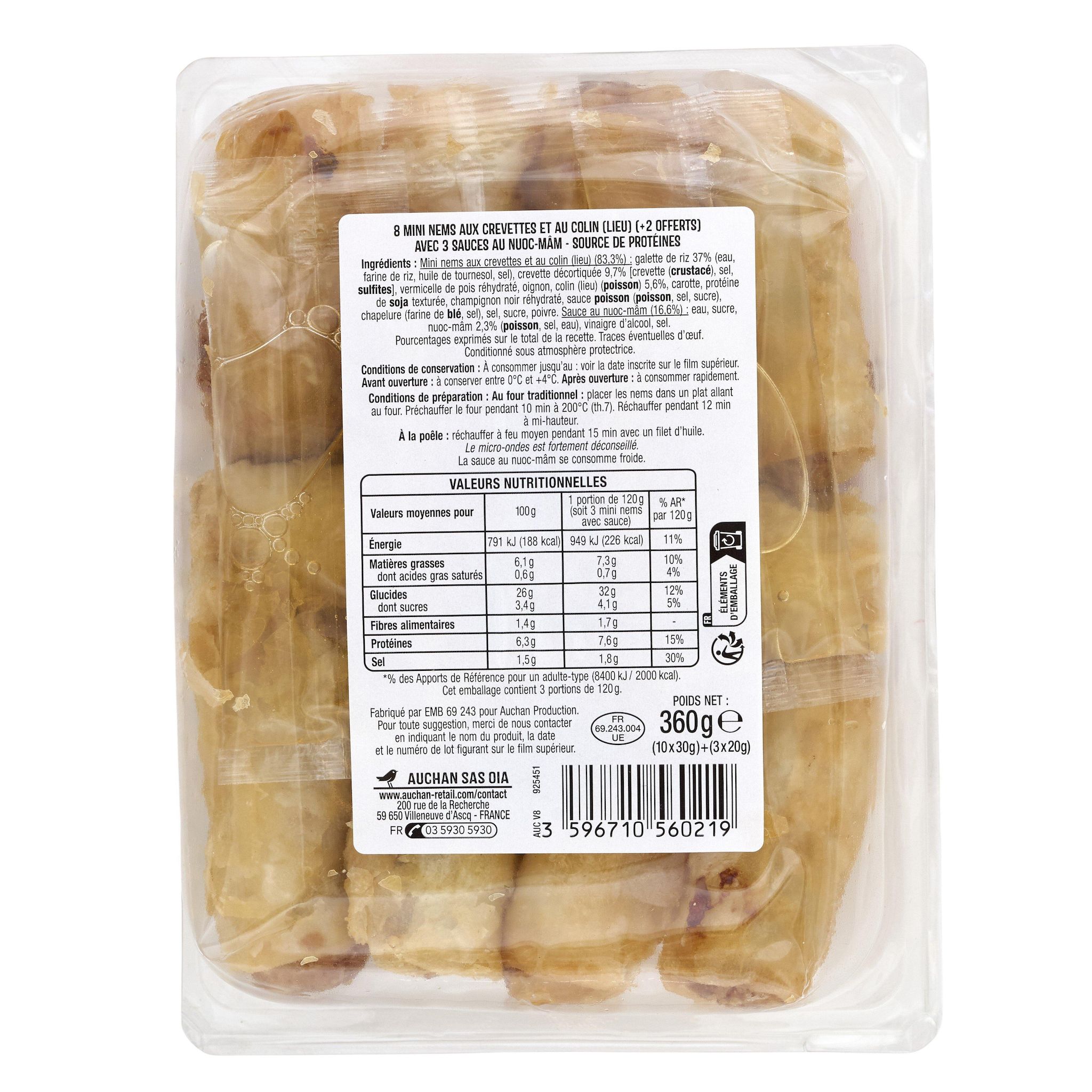 Voir la diapositive 2 : AUCHAN Mini nems crevettes et colin avec 3 sauces nuoc mâm 8 pièces + 2 offerts 340g