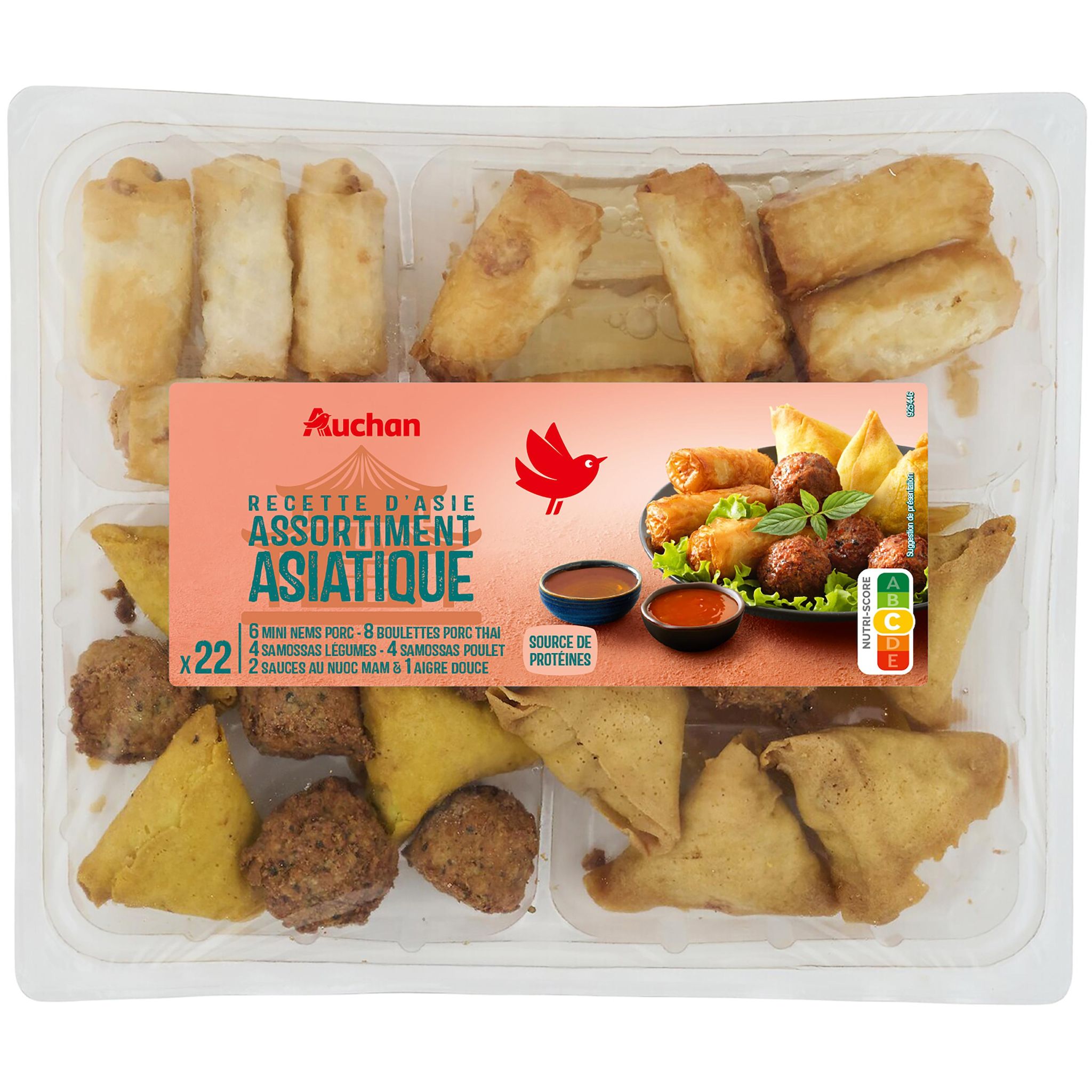 AUCHAN Assortiment asiatique avec 2 sauces au nuoc-mâm et 1 sauce aigre-douce 22 pièces 600g