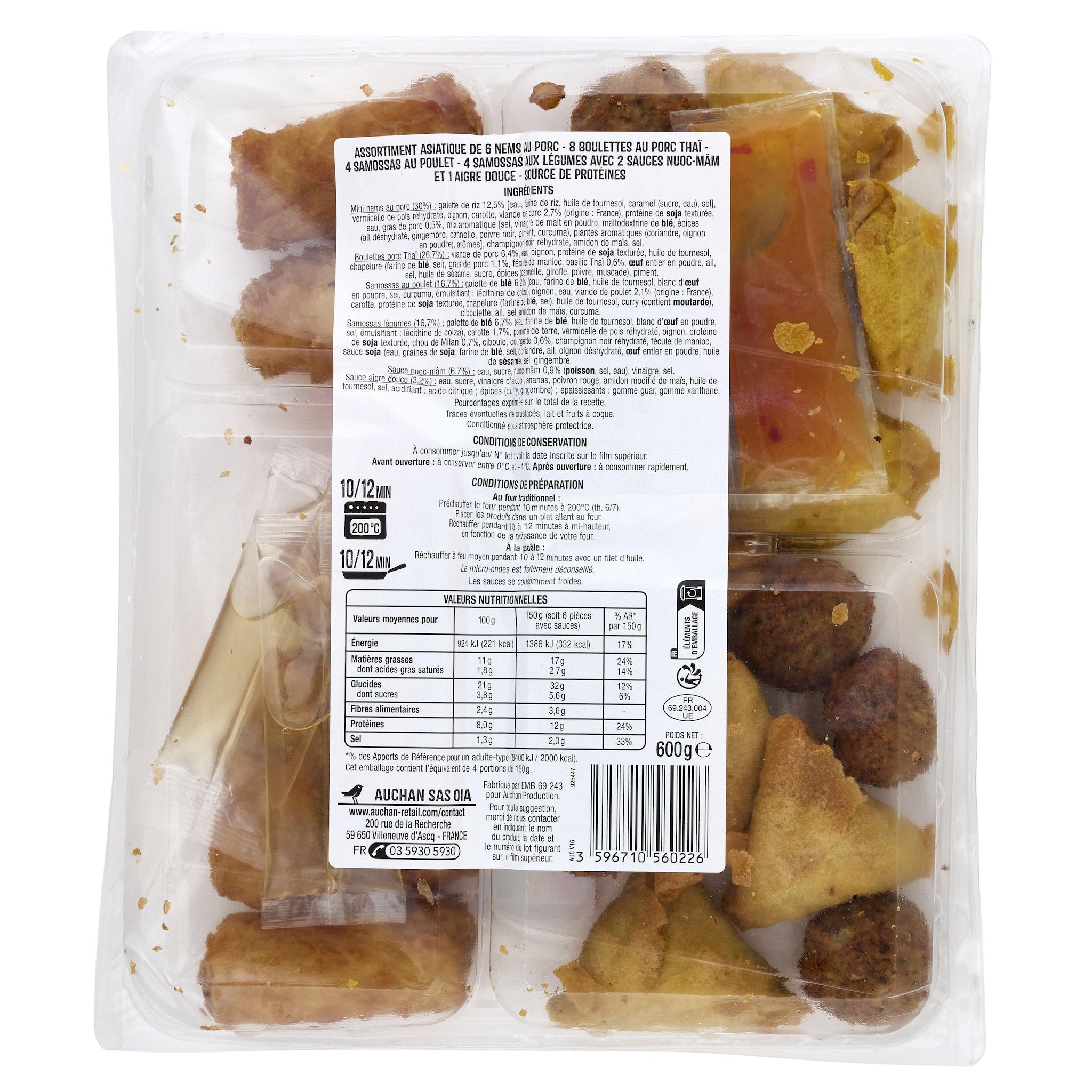 Voir la diapositive 2 : AUCHAN Assortiment asiatique avec 2 sauces au nuoc-mâm et 1 sauce aigre-douce 22 pièces 600g