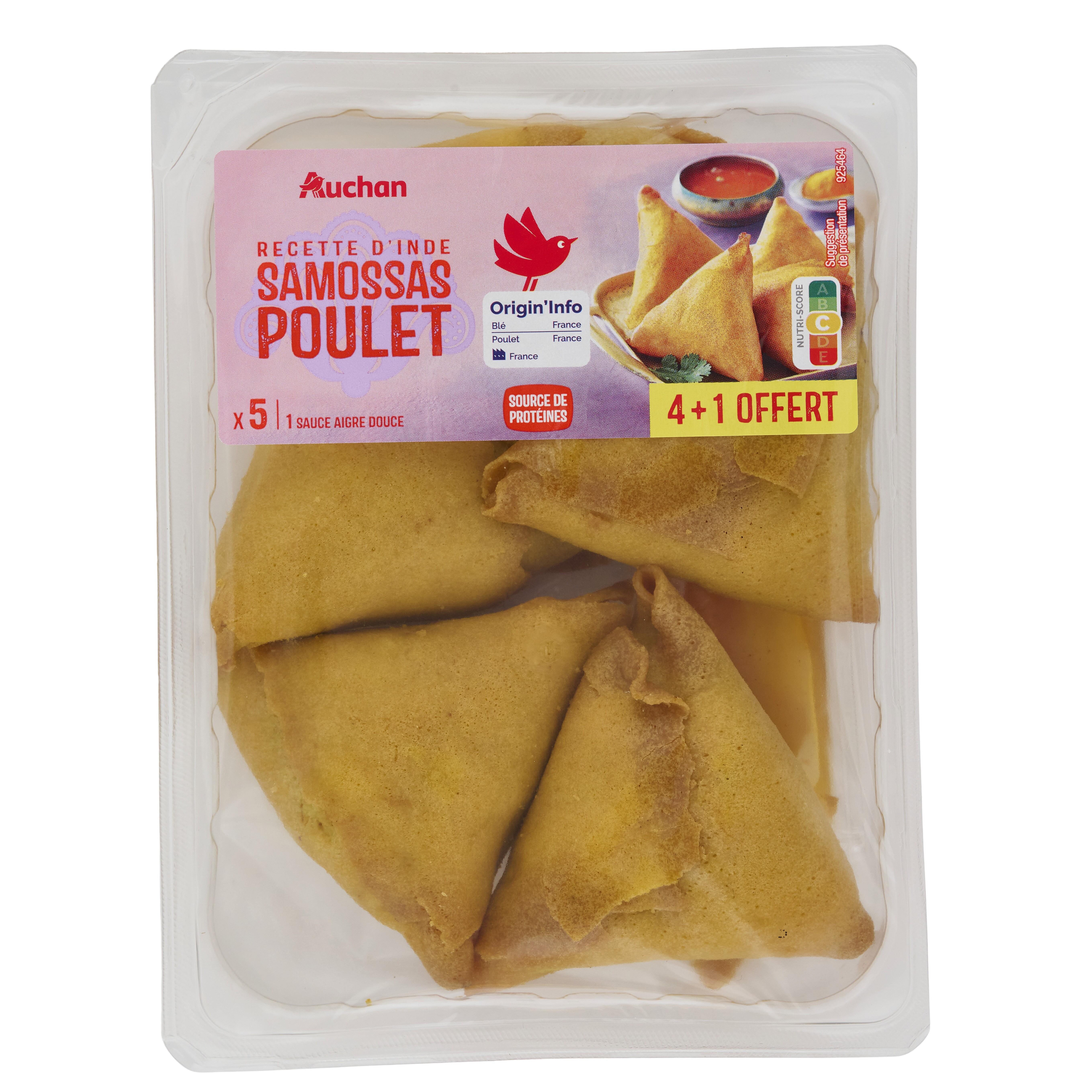 AUCHAN Samossas volaille avec sachet de sauce aigre douce 4 pièces+1 offert 270g
