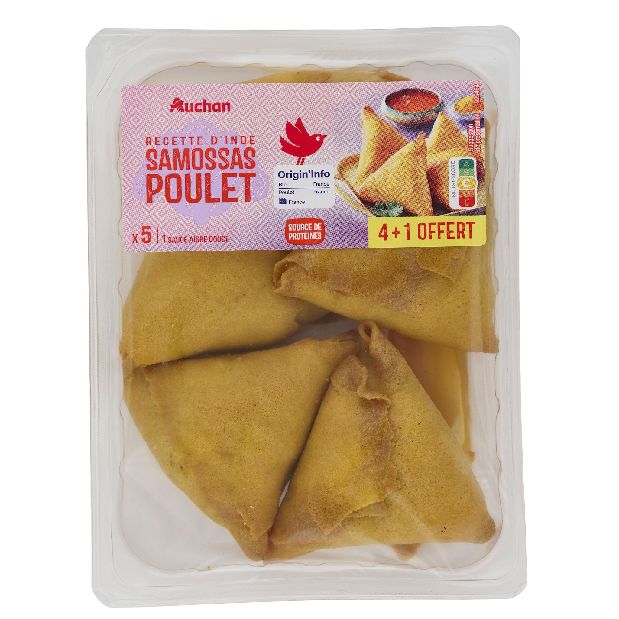 AUCHAN Samossas volaille avec sachet de sauce aigre douce 4 pièces+1 offert 270g
