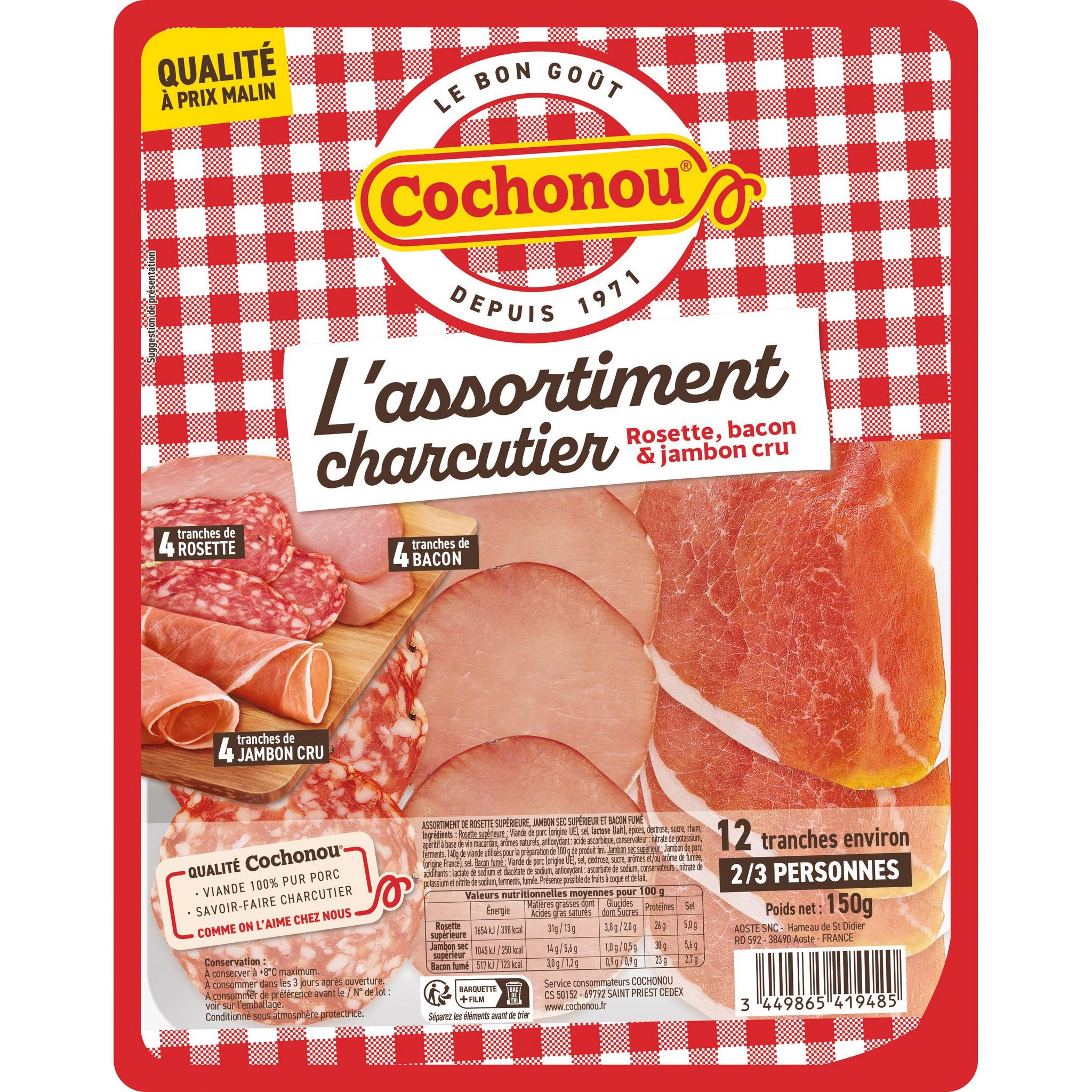 COCHONOU L'assortiment charcutier rosette, bacon et jambon cru 12 tranches 150g
