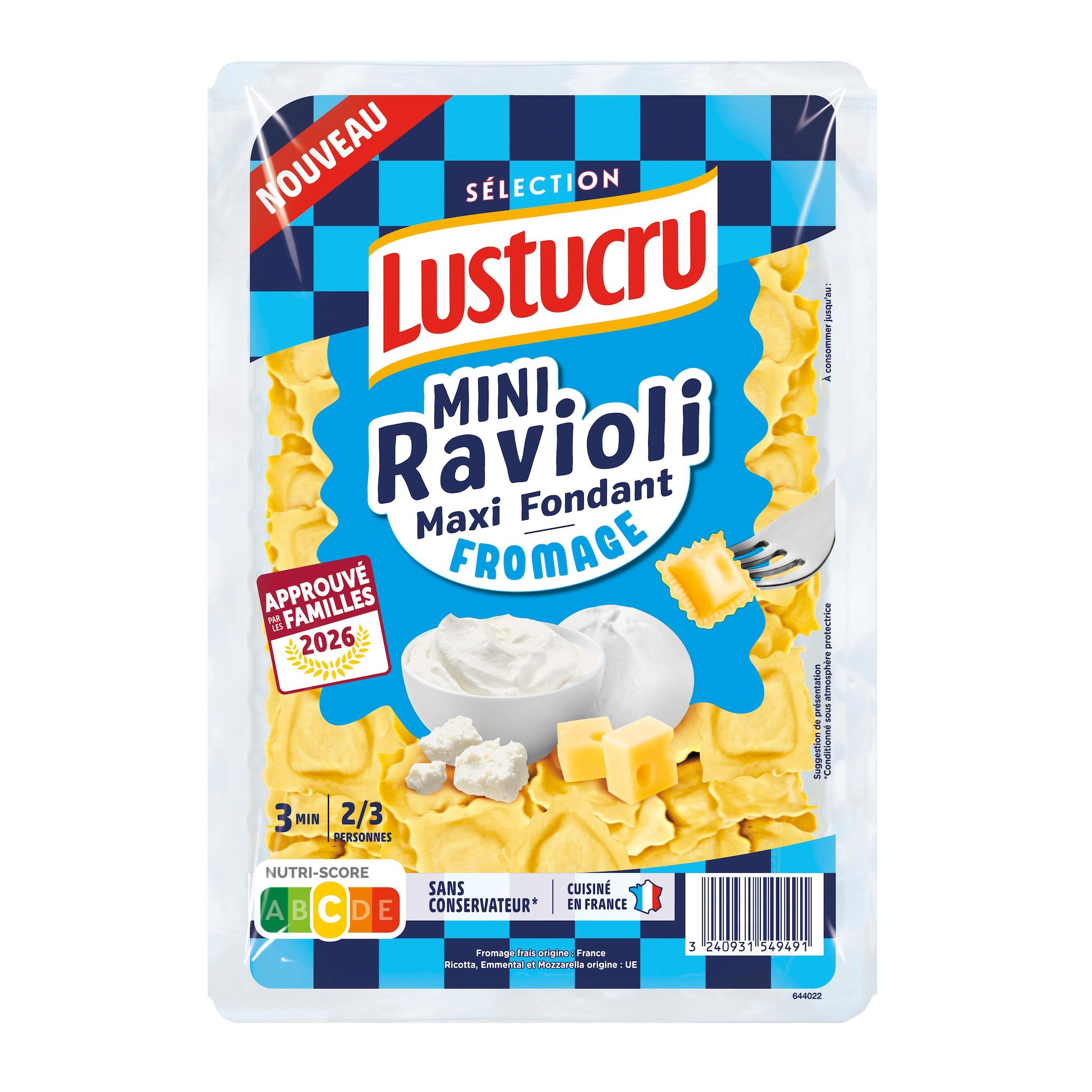 LUSTUCRU SELECTION Mini ravioli maxi fondant au fromage 2/3 parts 280g