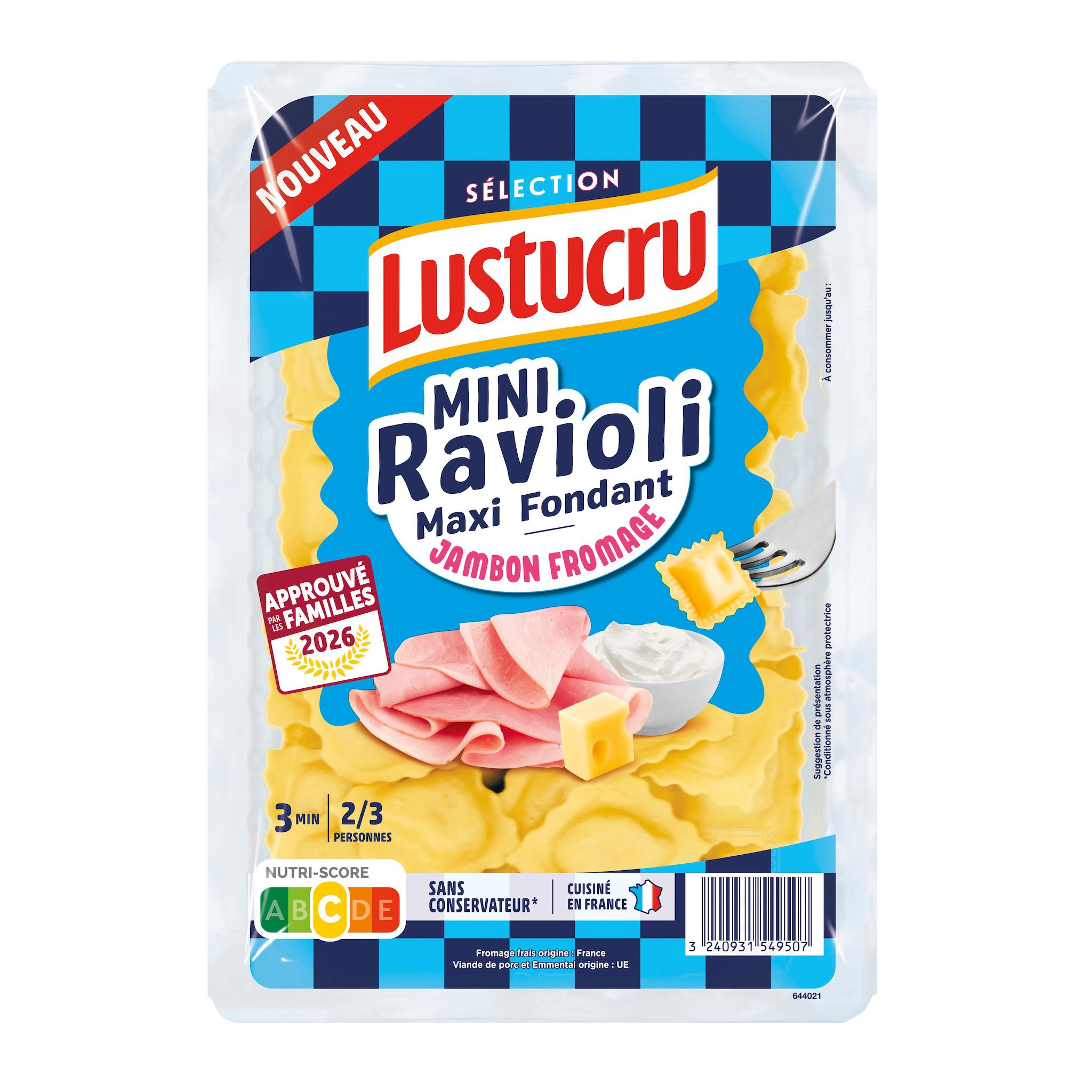 LUSTUCRU SELECTION Mini ravioli jambon fromage maxi fondant 2/3 parts 280g