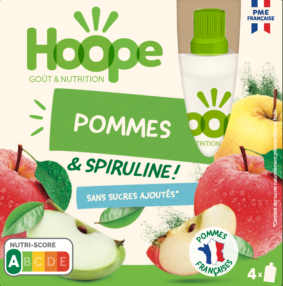 Voir la diapositive 2 : HOOPE Gourdes compote de pommes et spiruline sans sucres ajoutés 4 gourdes 4x90g