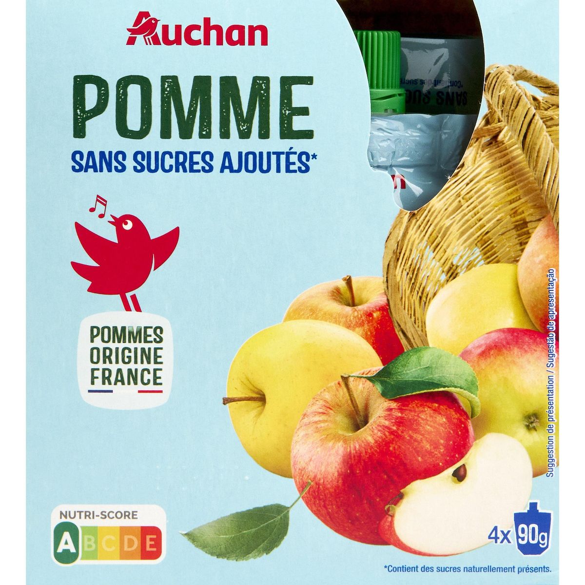 AUCHAN Gourdes compote de pomme sans sucres ajoutés 4x90g
