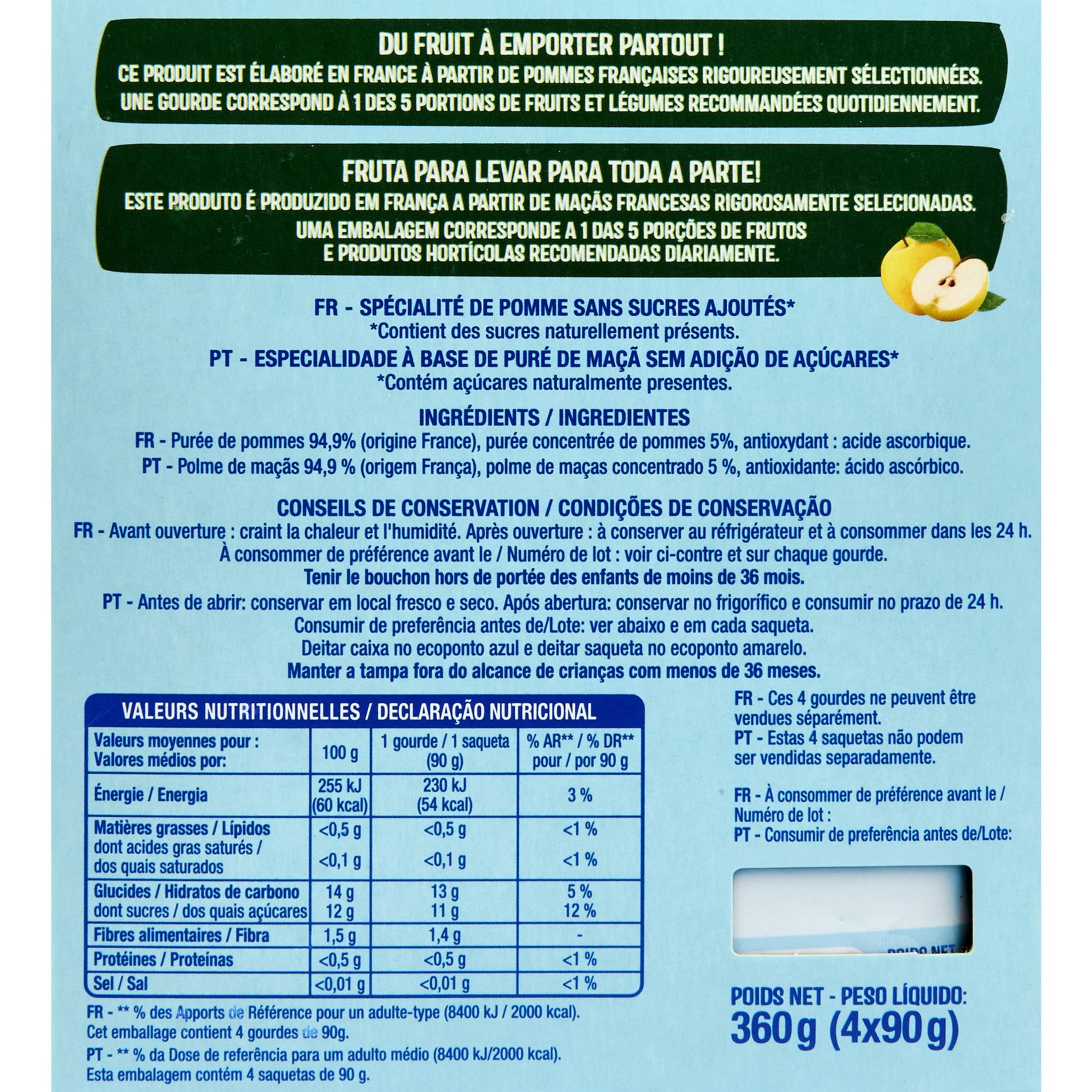 Voir la diapositive 2 : AUCHAN Gourdes compote de pomme sans sucres ajoutés 4x90g