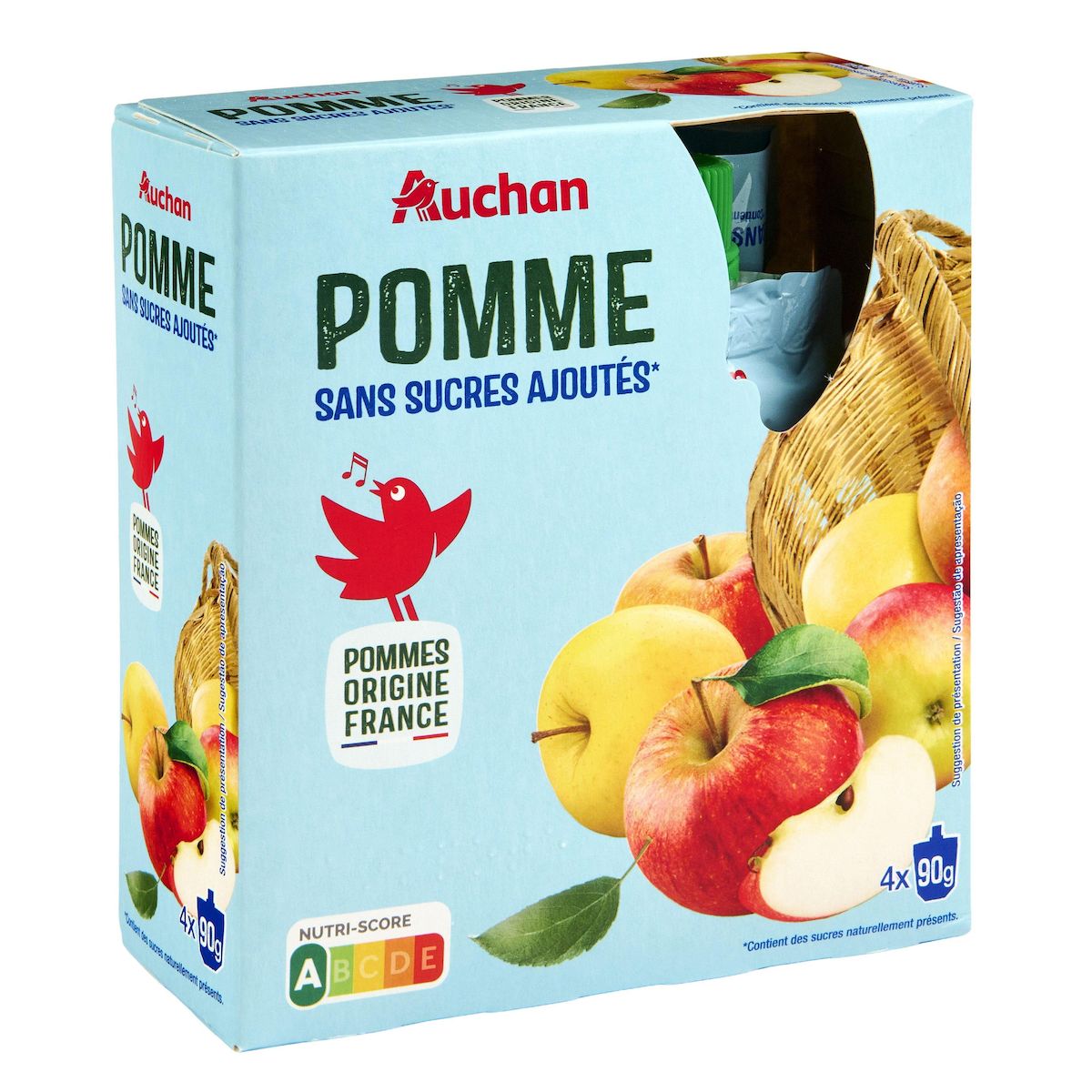 AUCHAN Gourdes compote de pomme sans sucres ajoutés 4x90g