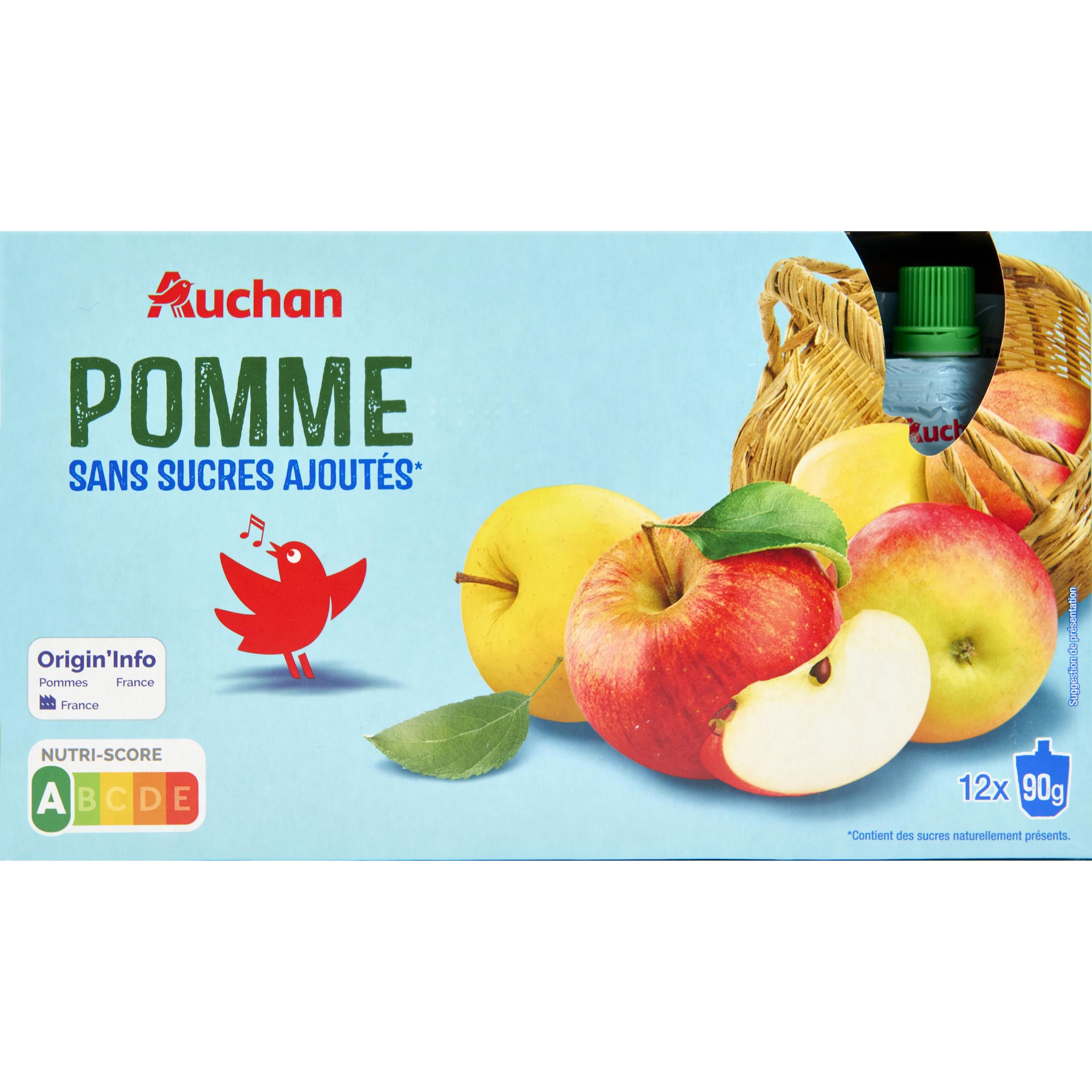 AUCHAN Gourdes compote de pomme sans sucres ajoutés 12x90g