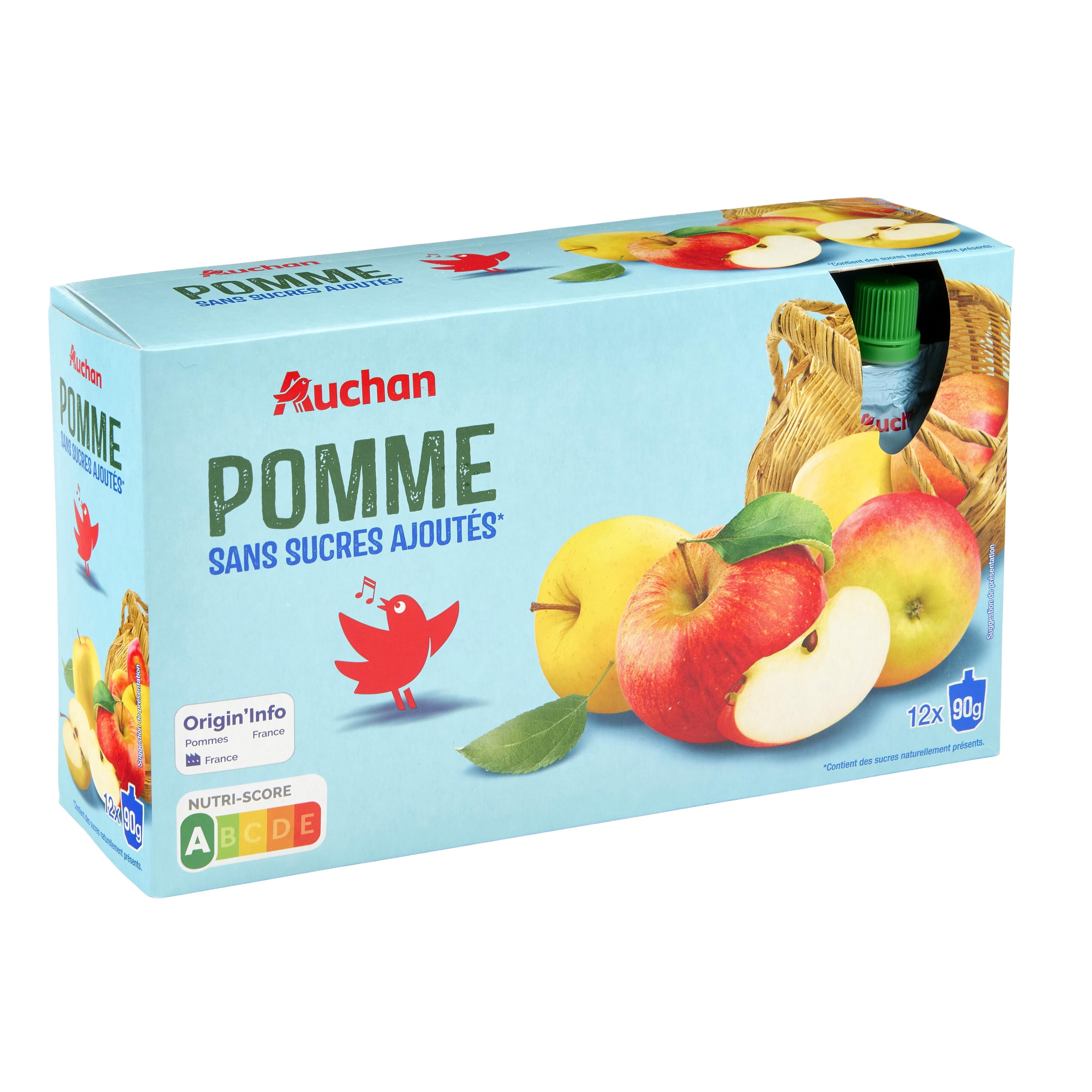 Voir la diapositive 3 : AUCHAN Gourdes compote de pomme sans sucres ajoutés 12x90g