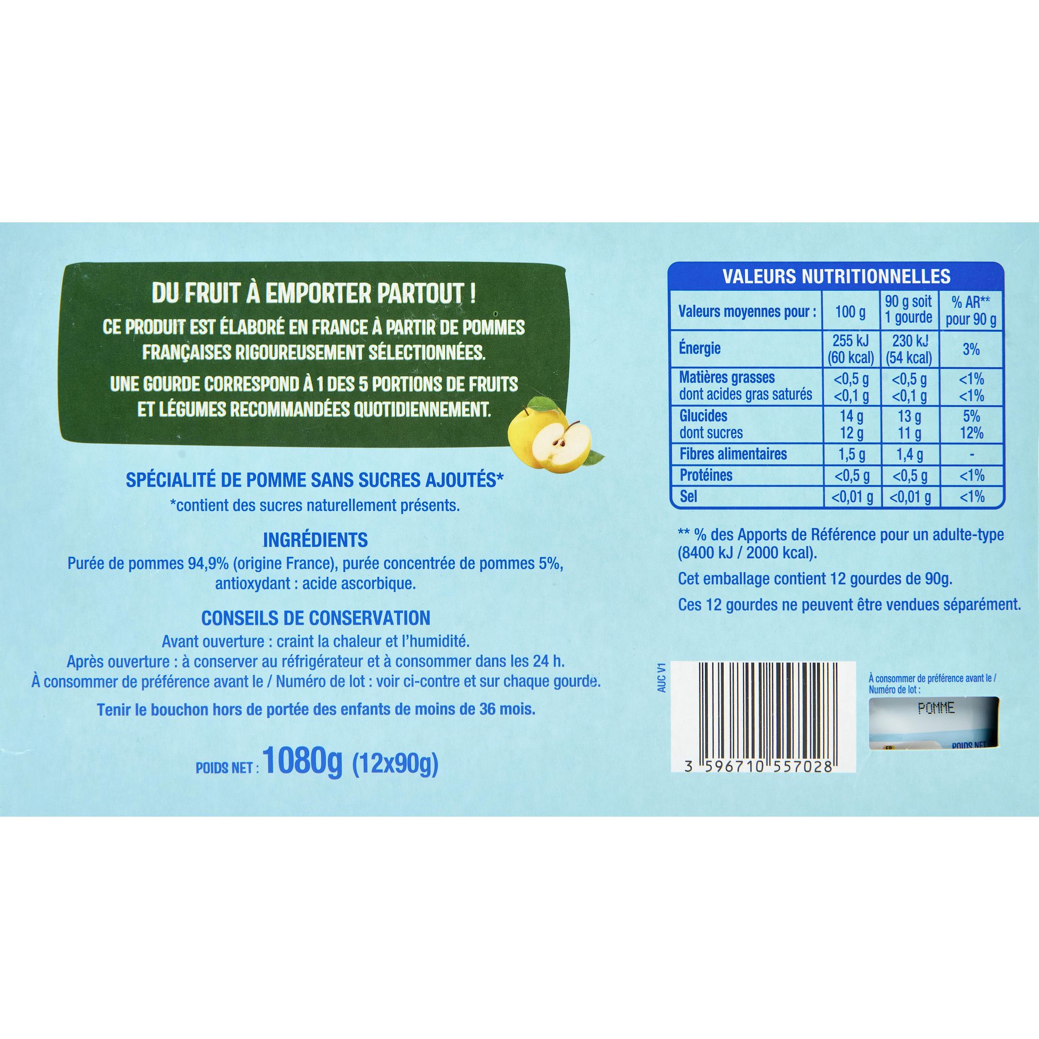 Voir la diapositive 4 : AUCHAN Gourdes compote de pomme sans sucres ajoutés 12x90g