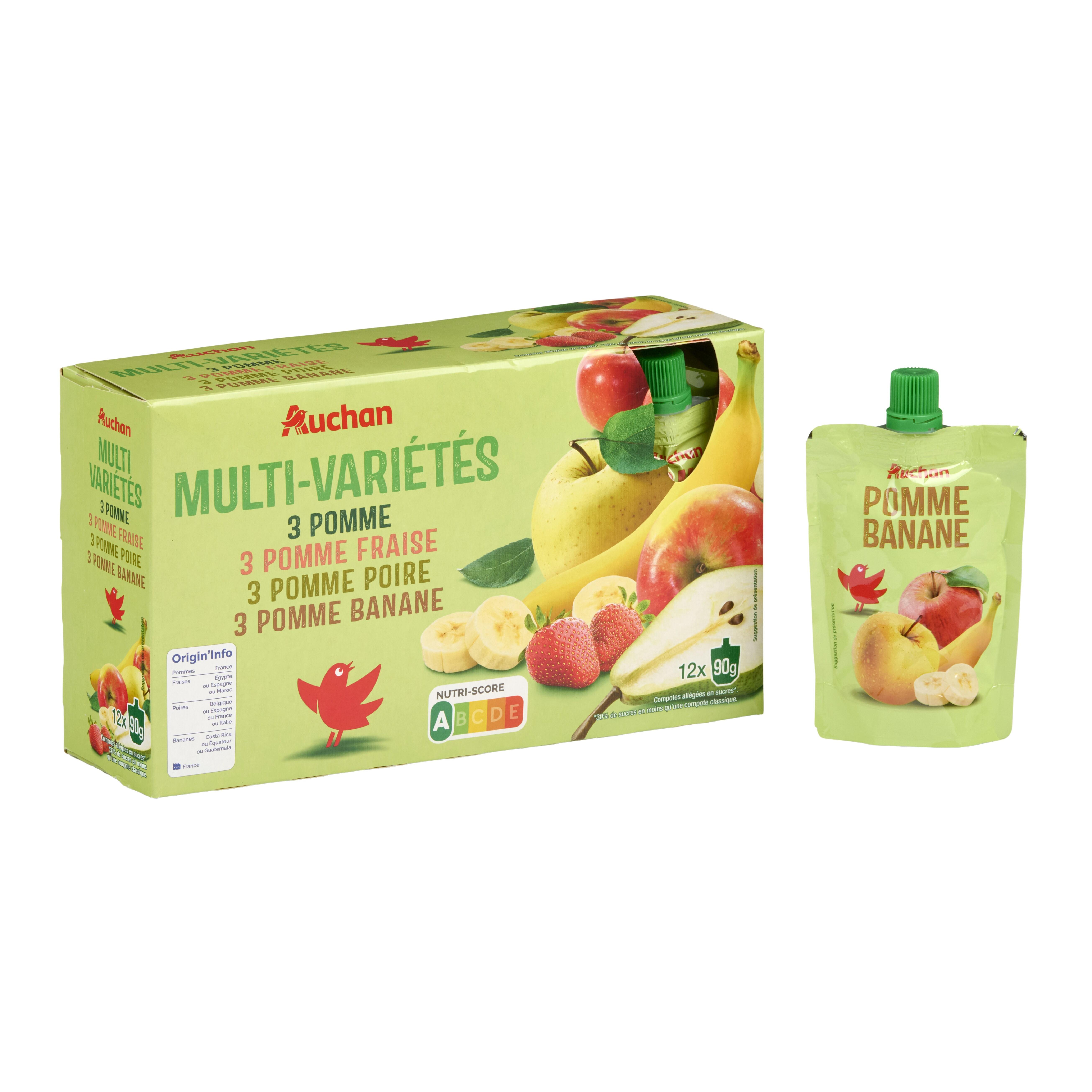 Voir la diapositive 2 : AUCHAN Gourdes compotes multivariétés allégée en sucres 12x90g