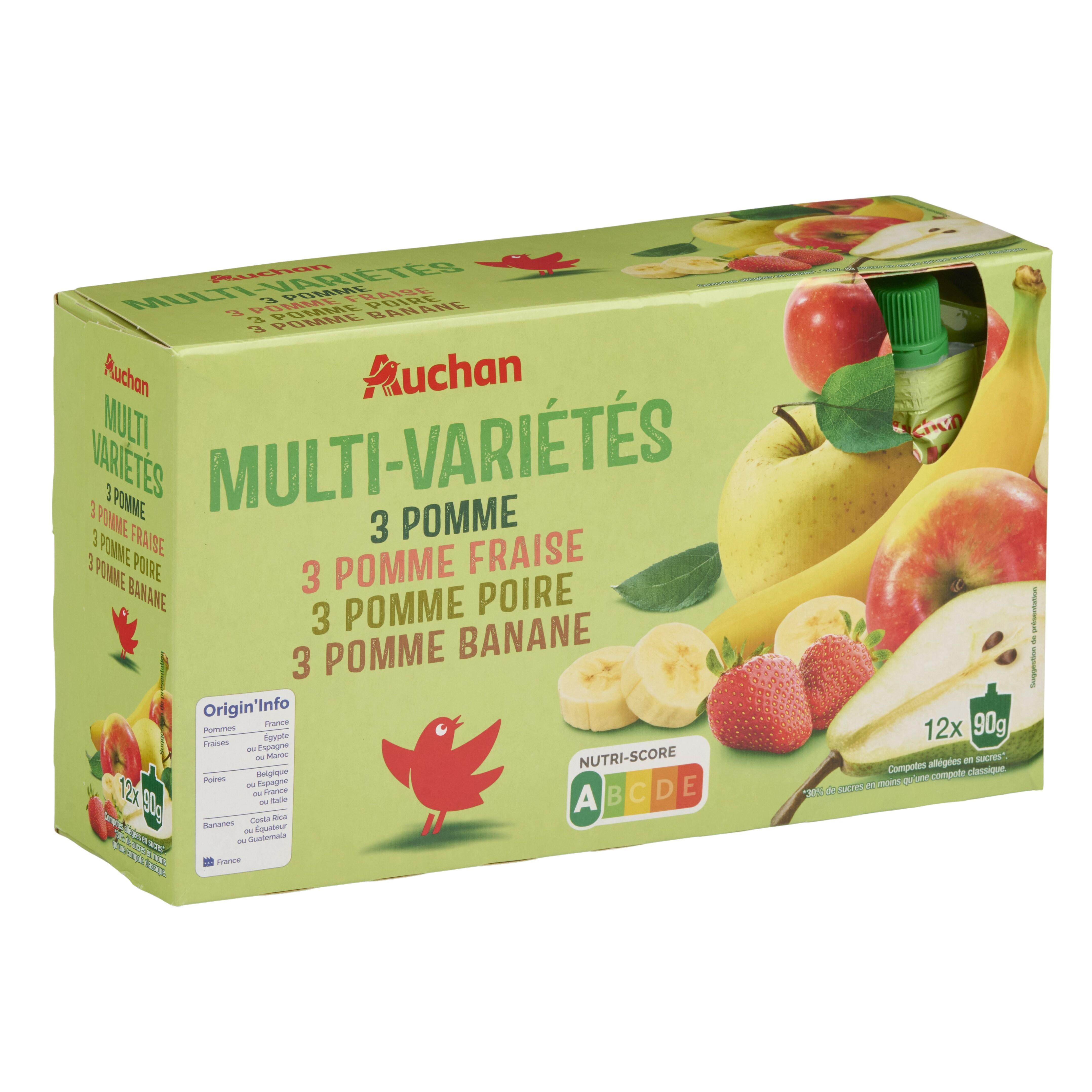 Voir la diapositive 3 : AUCHAN Gourdes compotes multivariétés allégée en sucres 12x90g