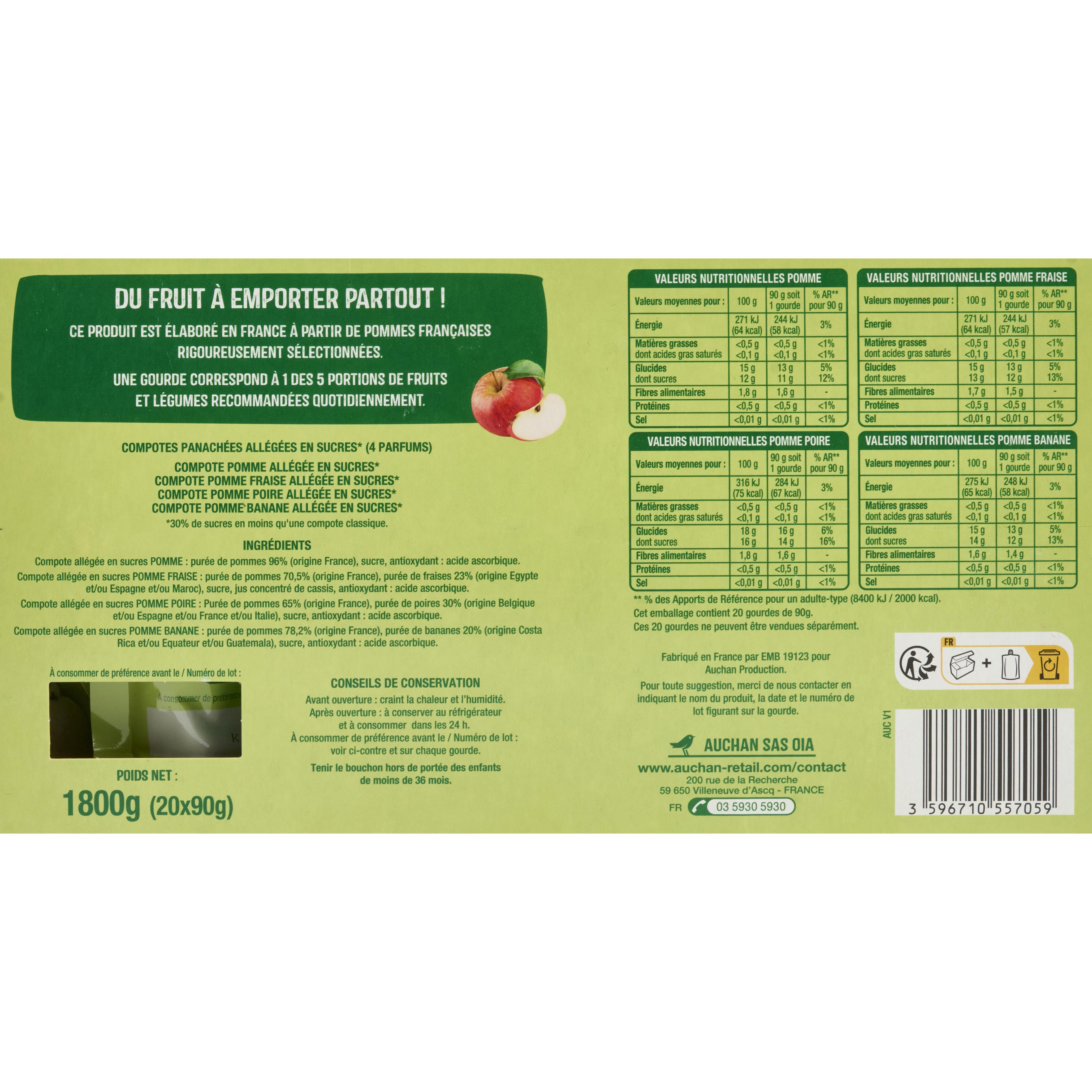 Voir la diapositive 5 : AUCHAN Gourdes compotes multi-variétés allégée en sucres 20x90g