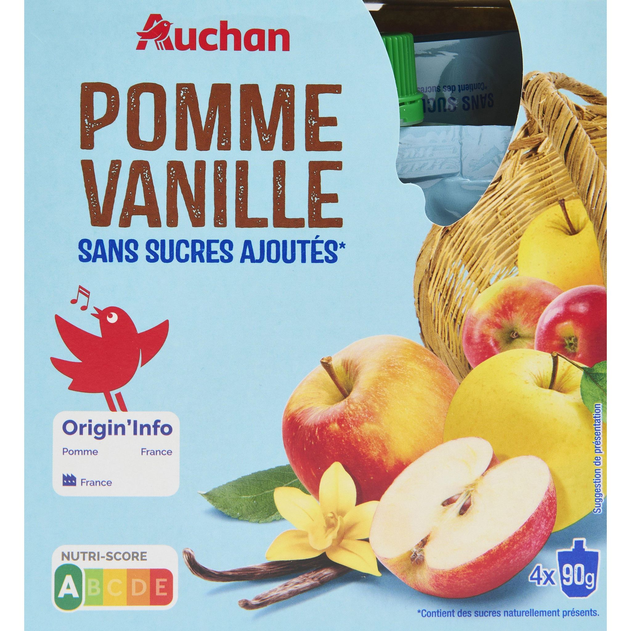 AUCHAN Gourdes compote de pomme vanille sans sucres ajoutés 4x90g