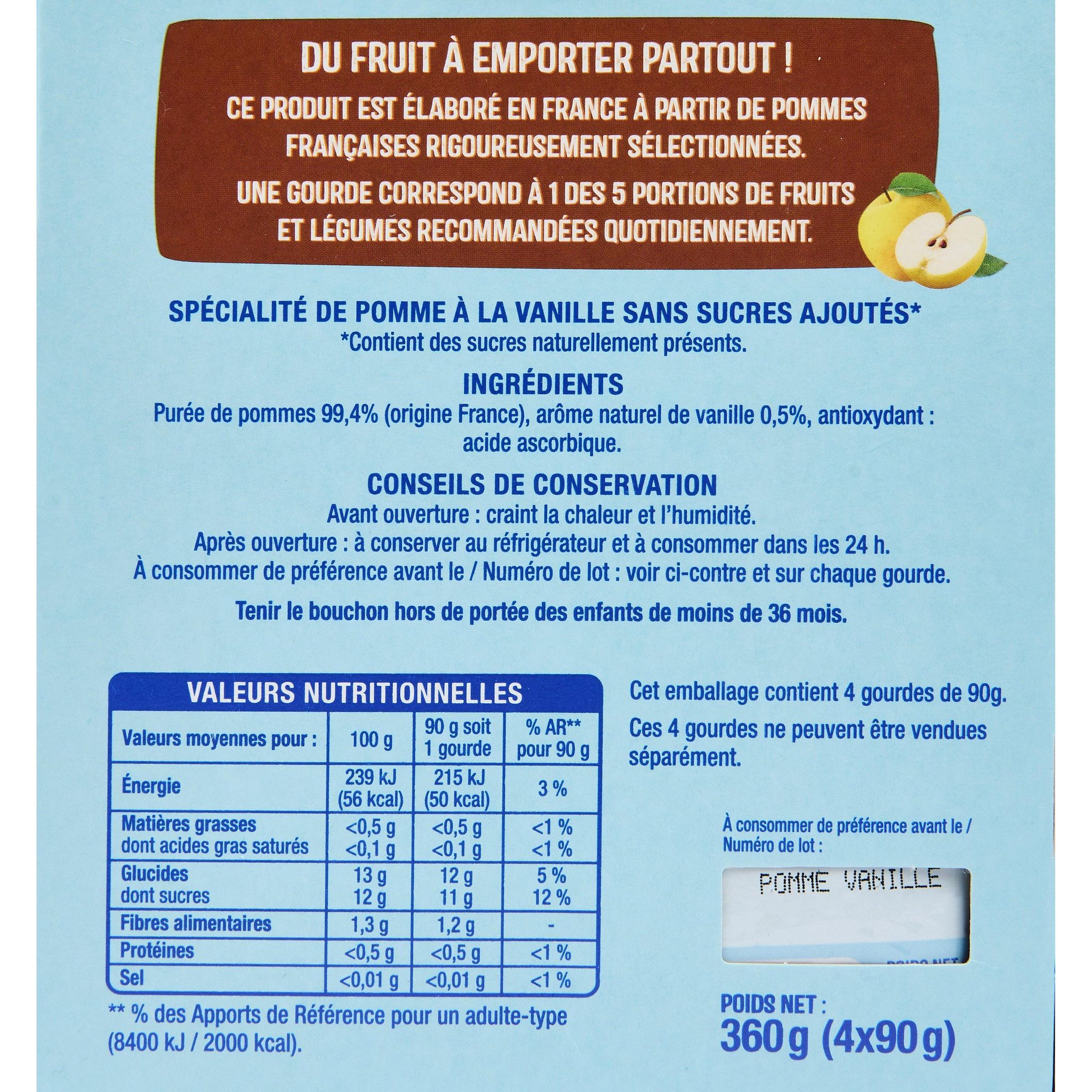 Voir la diapositive 2 : AUCHAN Gourdes compote de pomme vanille sans sucres ajoutés 4x90g