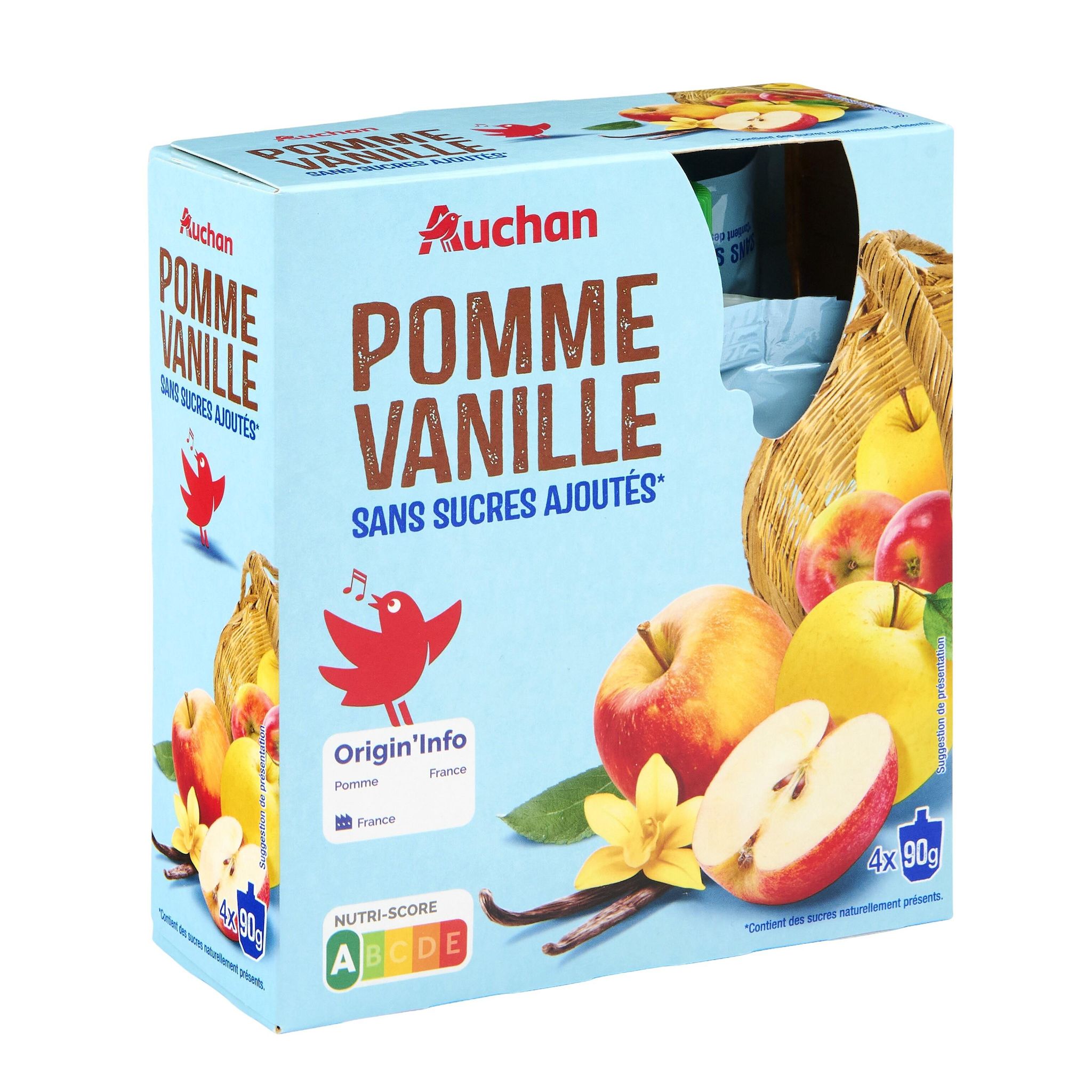 Voir la diapositive 3 : AUCHAN Gourdes compote de pomme vanille sans sucres ajoutés 4x90g
