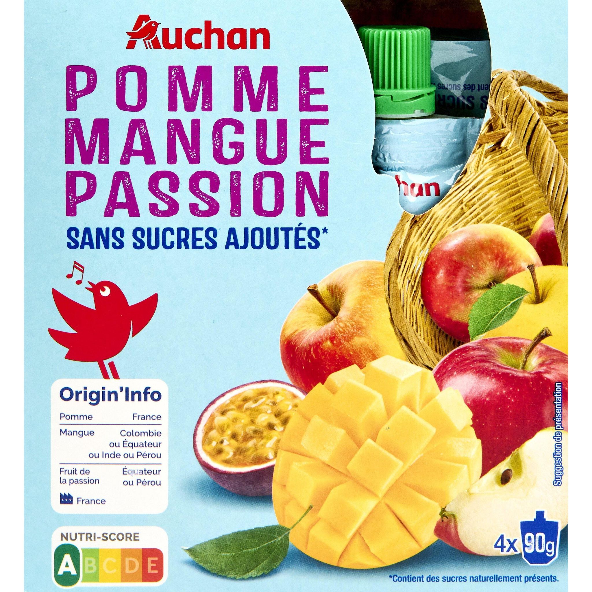 AUCHAN Gourdes compote de pomme mangue passion sans sucres ajoutés 4x90g